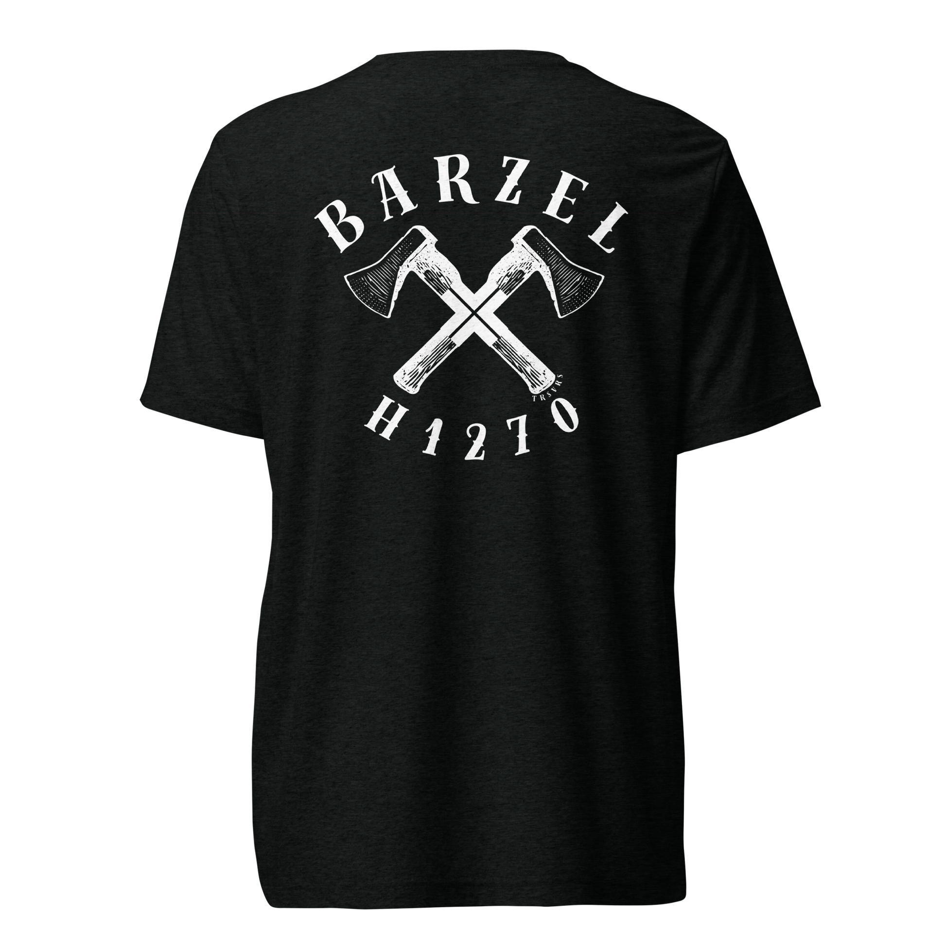 Terse Verse Christian Tee: Barzel
Black t-shirt with white design/print on back that reads "Barzel" and features crossed axes and the Strong's Concordance Hebrew number H1270. 
Men's Tee / Unisex
Mockup of back.