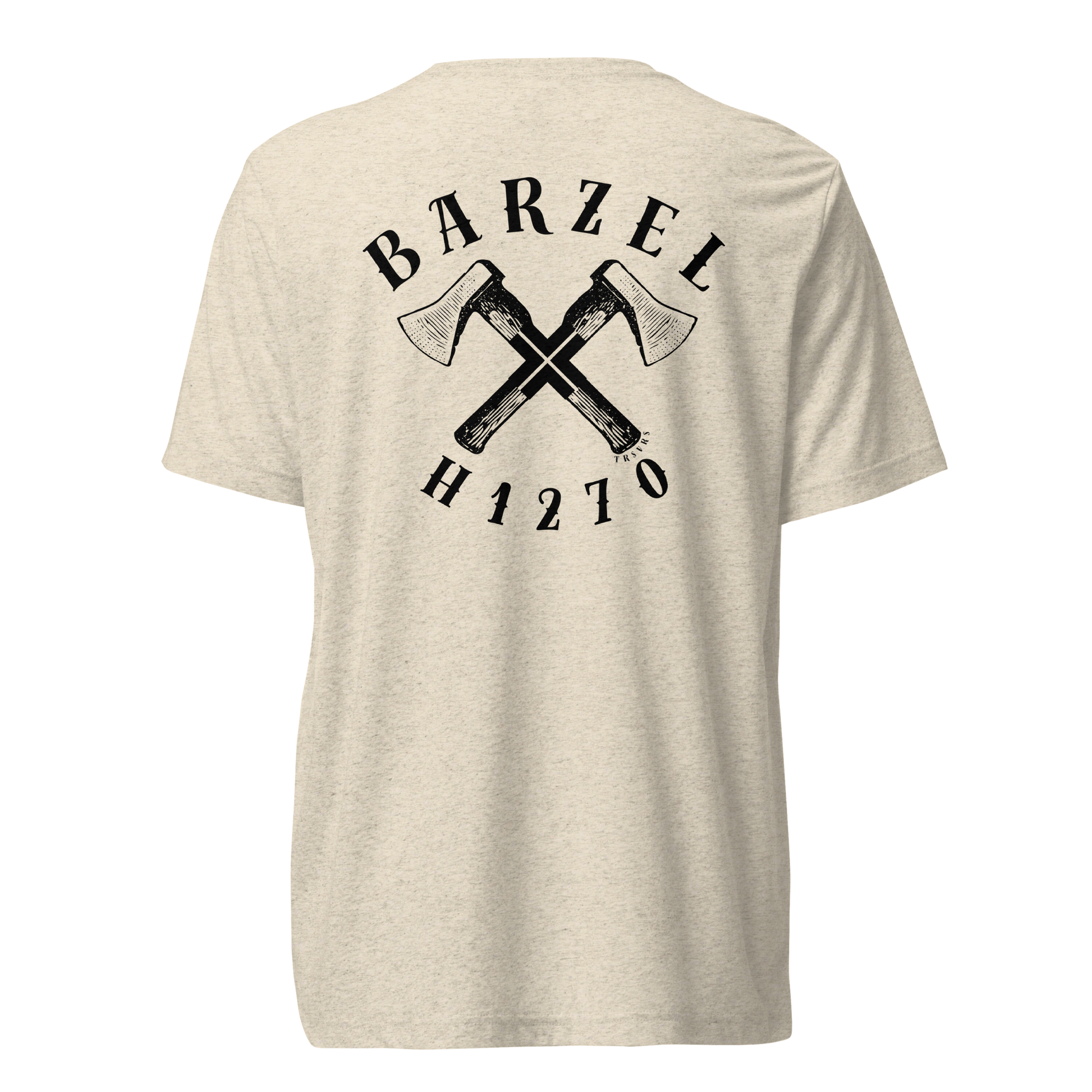 Terse Verse Christian Tee: Barzel
Oatmeal t-shirt with black design/print on back that reads "Barzel" and features crossed axes and the Strong's Concordance Hebrew number H1270. 
Men's Tee / Unisex
Mockup of back.