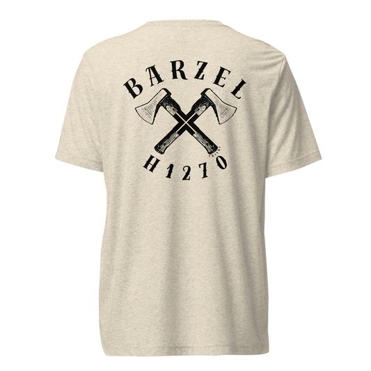 Terse Verse Christian Tee: Barzel
Oatmeal t-shirt with black design/print on back that reads "Barzel" and features crossed axes and the Strong's Concordance Hebrew number H1270. 
Men's Tee / Unisex
Mockup of back.