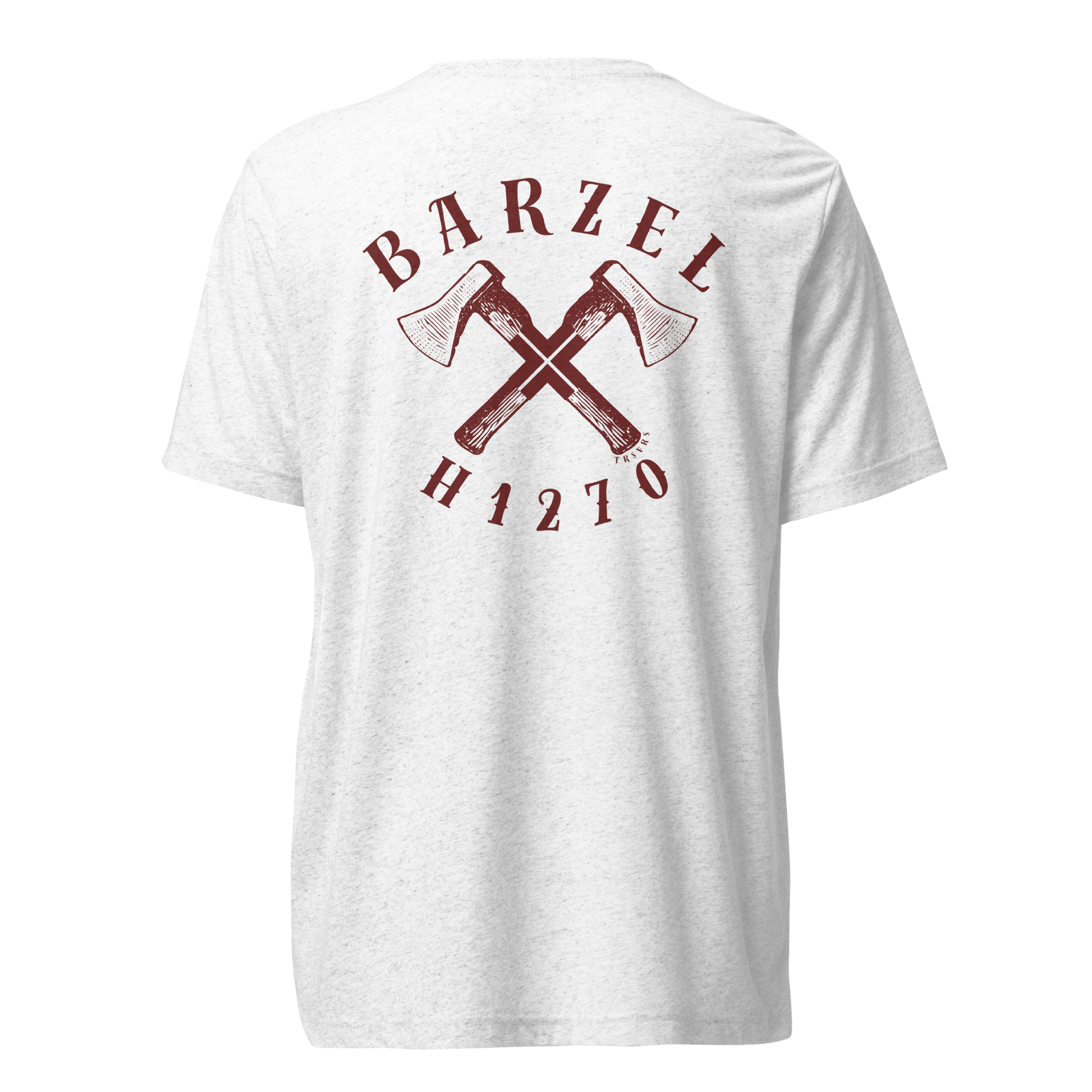 Terse Verse Christian Tee: Barzel
White t-shirt with burgundy design/print on back that reads "Barzel" and features crossed axes and the Strong's Concordance Hebrew number H1270. 
Men's Tee / Unisex
Mockup of back.