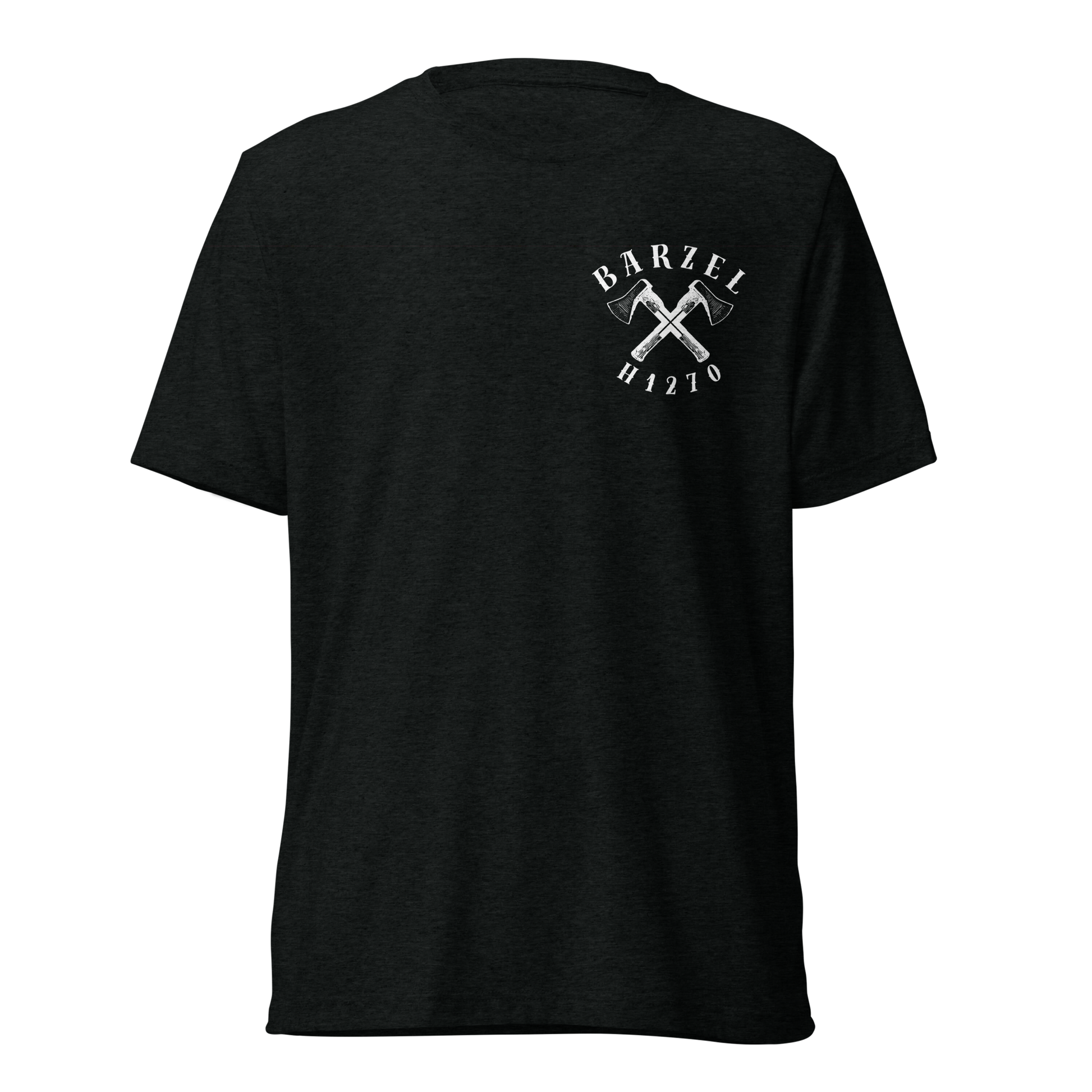Terse Verse Christian Tee: Barzel
Black t-shirt with white design/print on left chest that reads "Barzel" and features crossed axes and the Strong's Concordance Hebrew number H1270. 
Men's Tee / Unisex
Mockup of front.