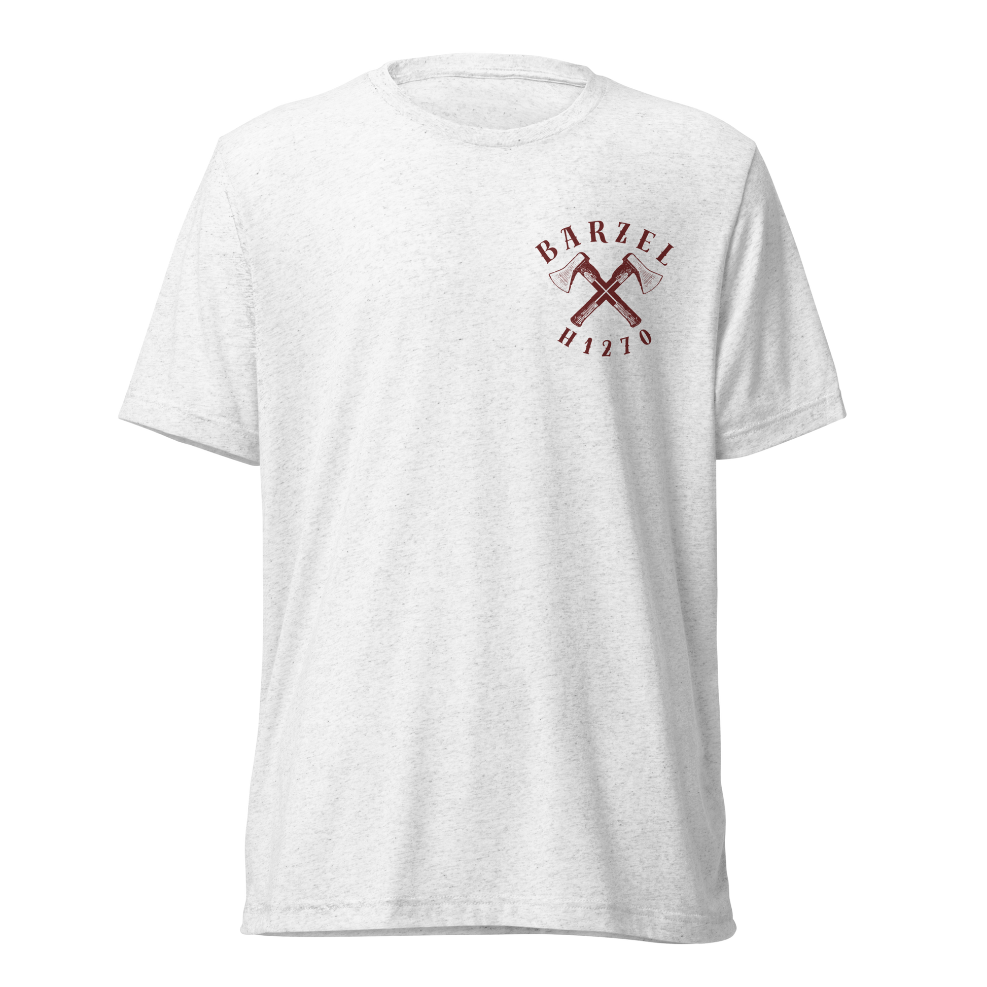 Terse Verse Christian Tee: Barzel
White t-shirt with burgundy design/print on left chest that reads "Barzel" and features crossed axes and the Strong's Concordance Hebrew number H1270. 
Men's Tee / Unisex
Mockup of front.