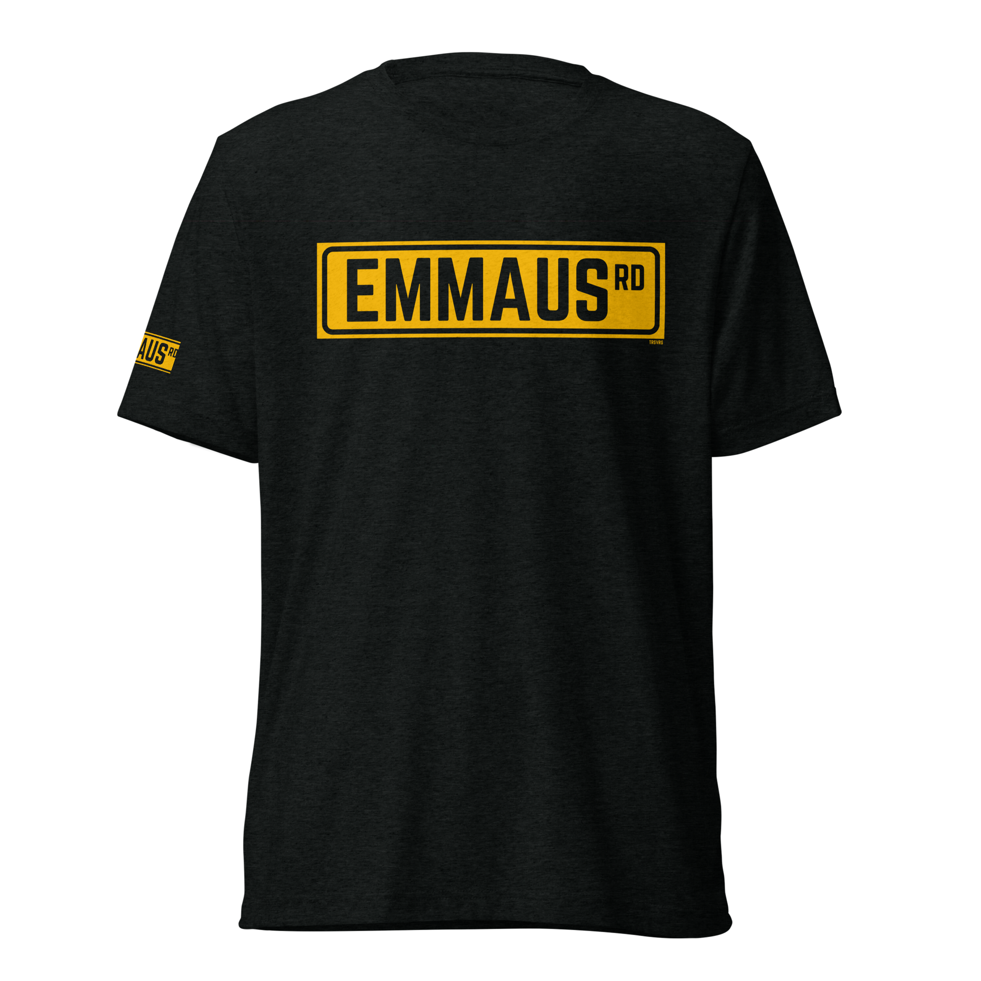 Terse Verse Christian Tee: Emmaus
Black t-shirt with bold yellow design/print on chest that reads "Emmaus" as a street sign.
Men's Tee / Unisex
Mockup of front.