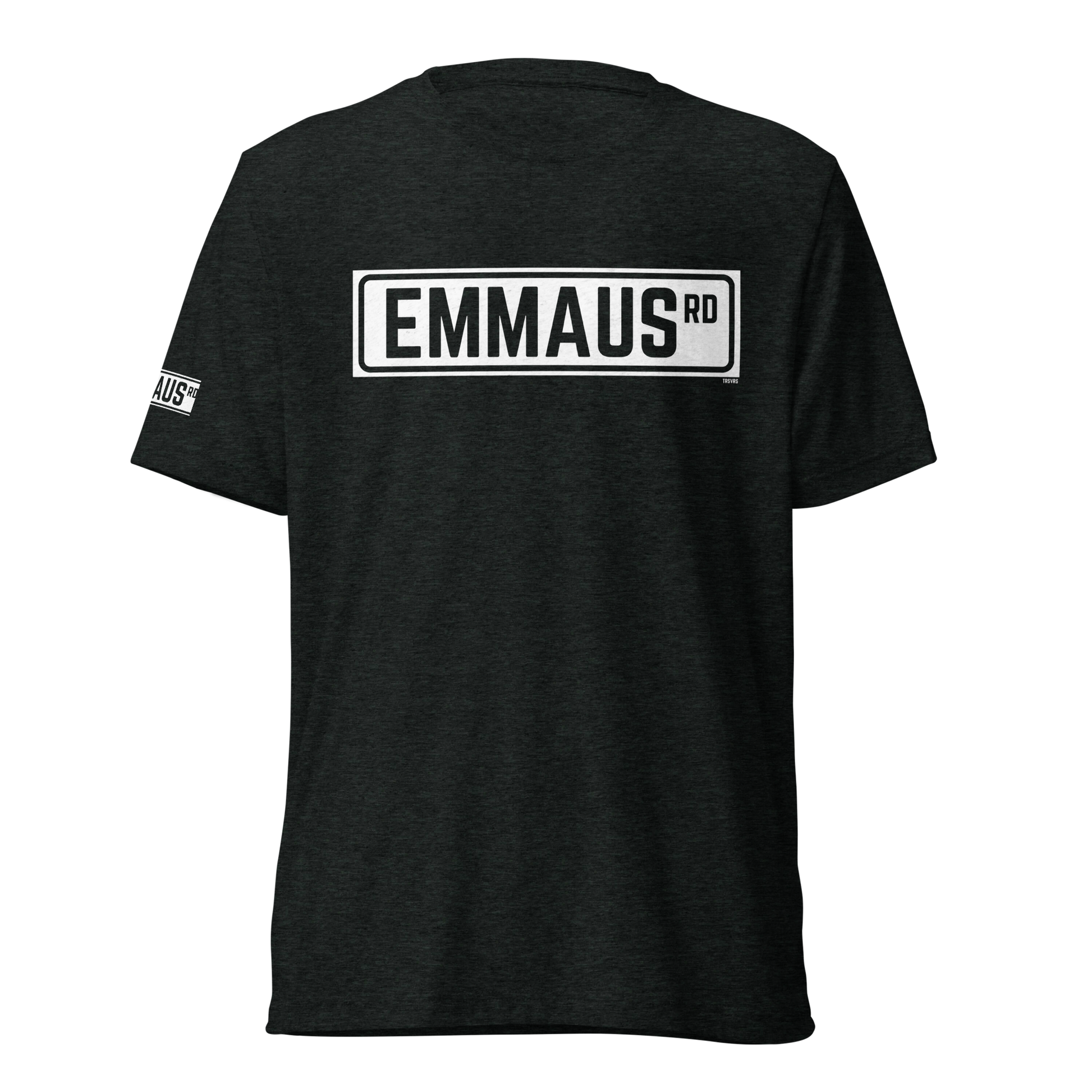 Terse Verse Christian Tee: Emmaus
Charcoal t-shirt with white design/print on chest that reads "Emmaus" as a street sign.
Men's Tee / Unisex
Mockup of front.