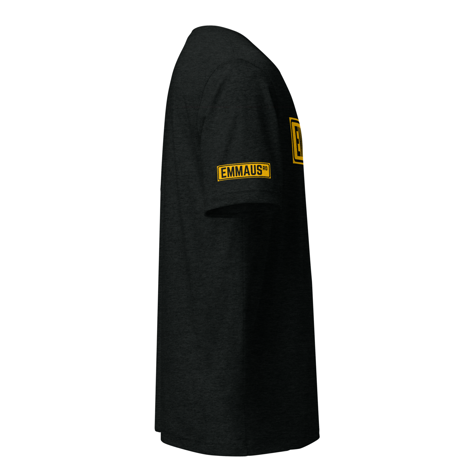 Terse Verse Christian Tee: Emmaus
Black t-shirt with bold yellow design/print on right sleeve that reads "Emmaus" as a street sign.
Men's Tee / Unisex
Mockup of right sleeve.