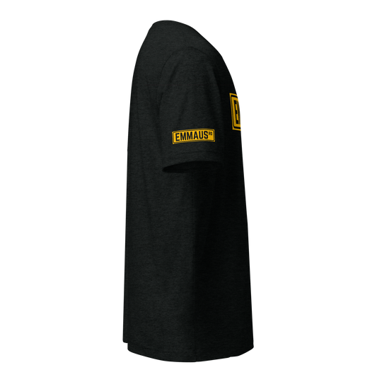 Terse Verse Christian Tee: Emmaus
Black t-shirt with bold yellow design/print on right sleeve that reads "Emmaus" as a street sign.
Men's Tee / Unisex
Mockup of right sleeve.