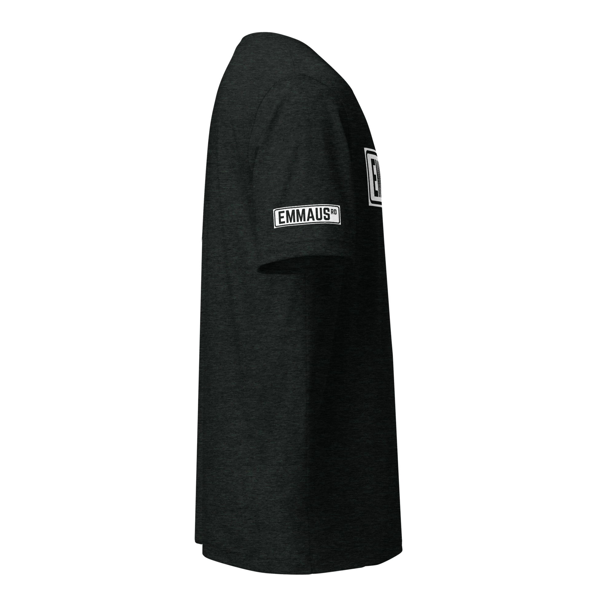 Terse Verse Christian Tee: Emmaus
Charcoal t-shirt with white design/print on right sleeve that reads "Emmaus" as a street sign.
Men's Tee / Unisex
Mockup of right sleeve.