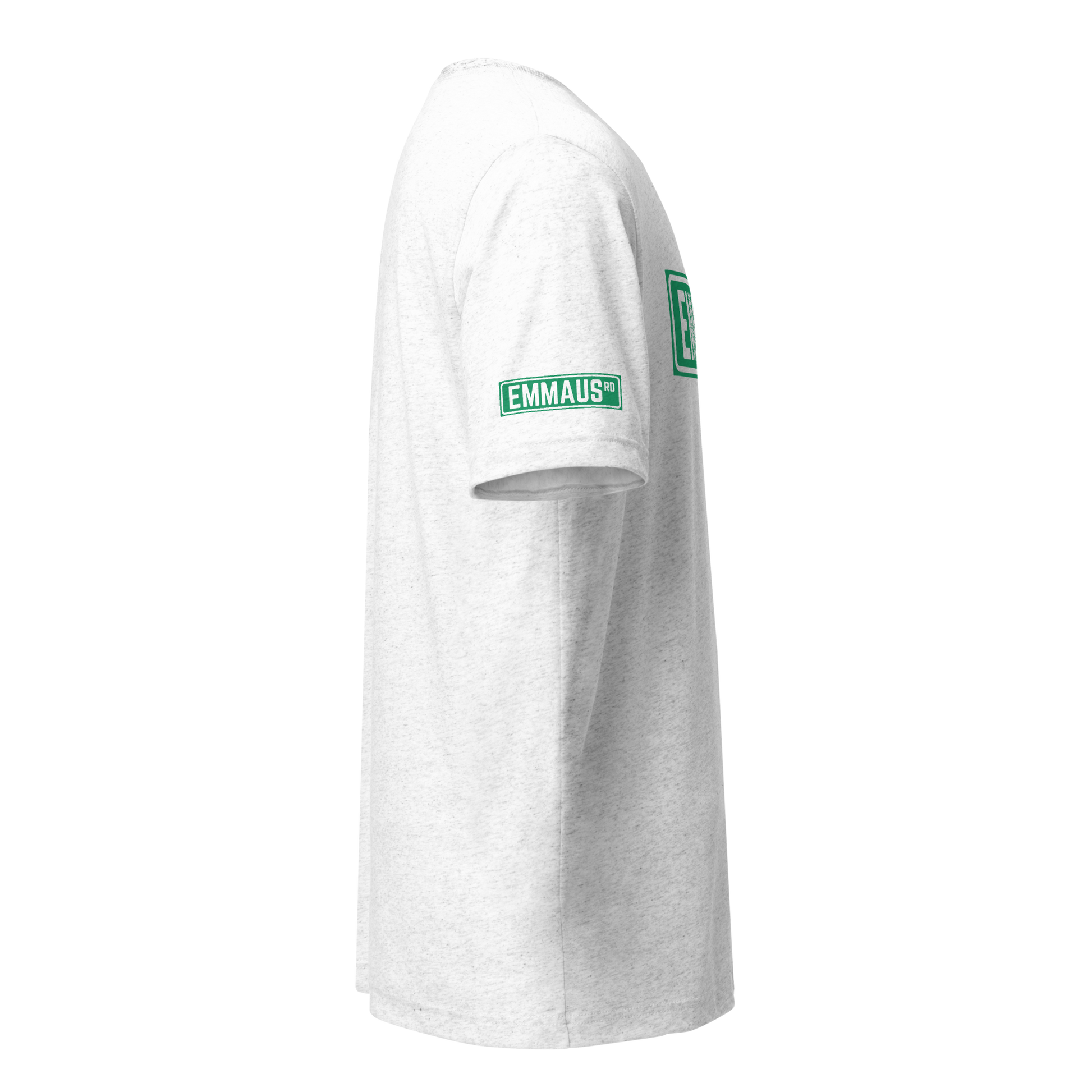 Terse Verse Christian Tee: Emmaus
White t-shirt with green design/print on right sleeve that reads "Emmaus" as a street sign.
Men's Tee / Unisex
Mockup of right sleeve.