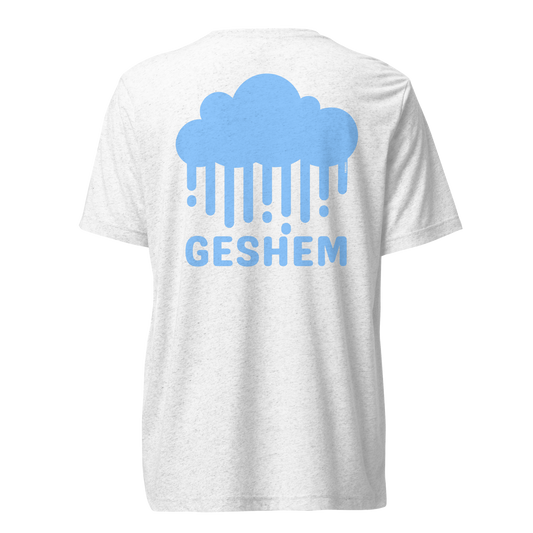 Terse Verse Christian Tee: Geshem
White t-shirt with baby blue design/print on back that reads "Geshem" and features a cloud and rain.
Men's Tee / Unisex
Mockup of back.