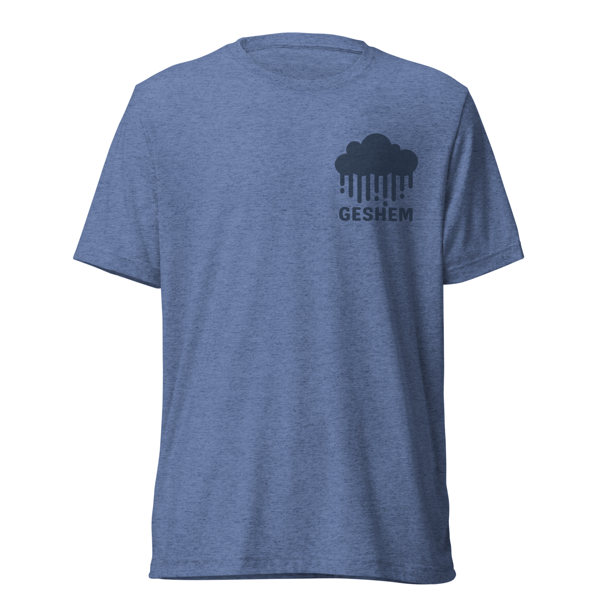 Terse Verse Christian Tee: Geshem
Blue t-shirt with dark blue design/print on left chest that reads "Geshem" and features a cloud and rain.
Men's Tee / Unisex
Mockup of front.