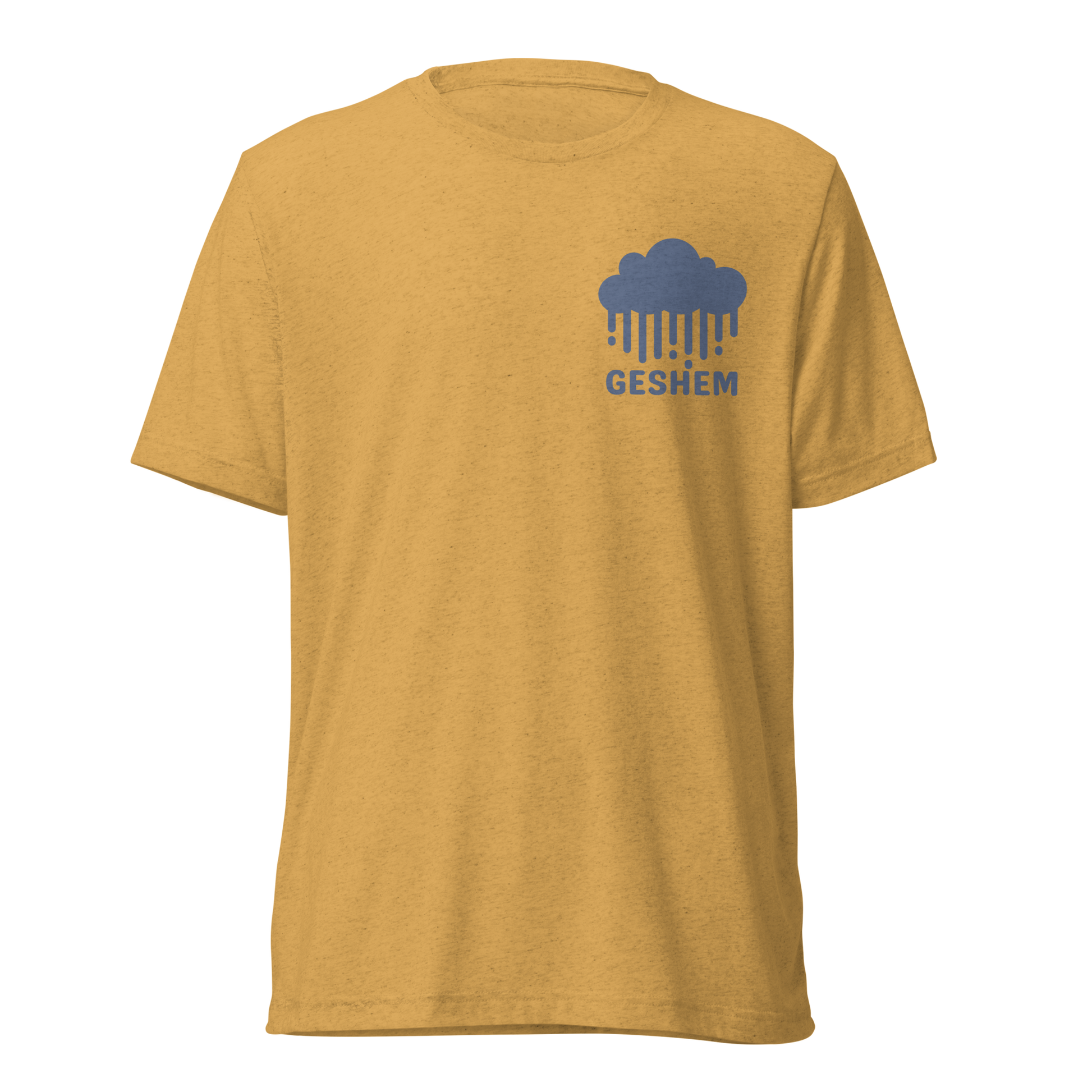 Terse Verse Christian Tee: Geshem
Mustard t-shirt with blue design/print on left chest that reads "Geshem" and features a cloud and rain.
Men's Tee / Unisex
Mockup of front.