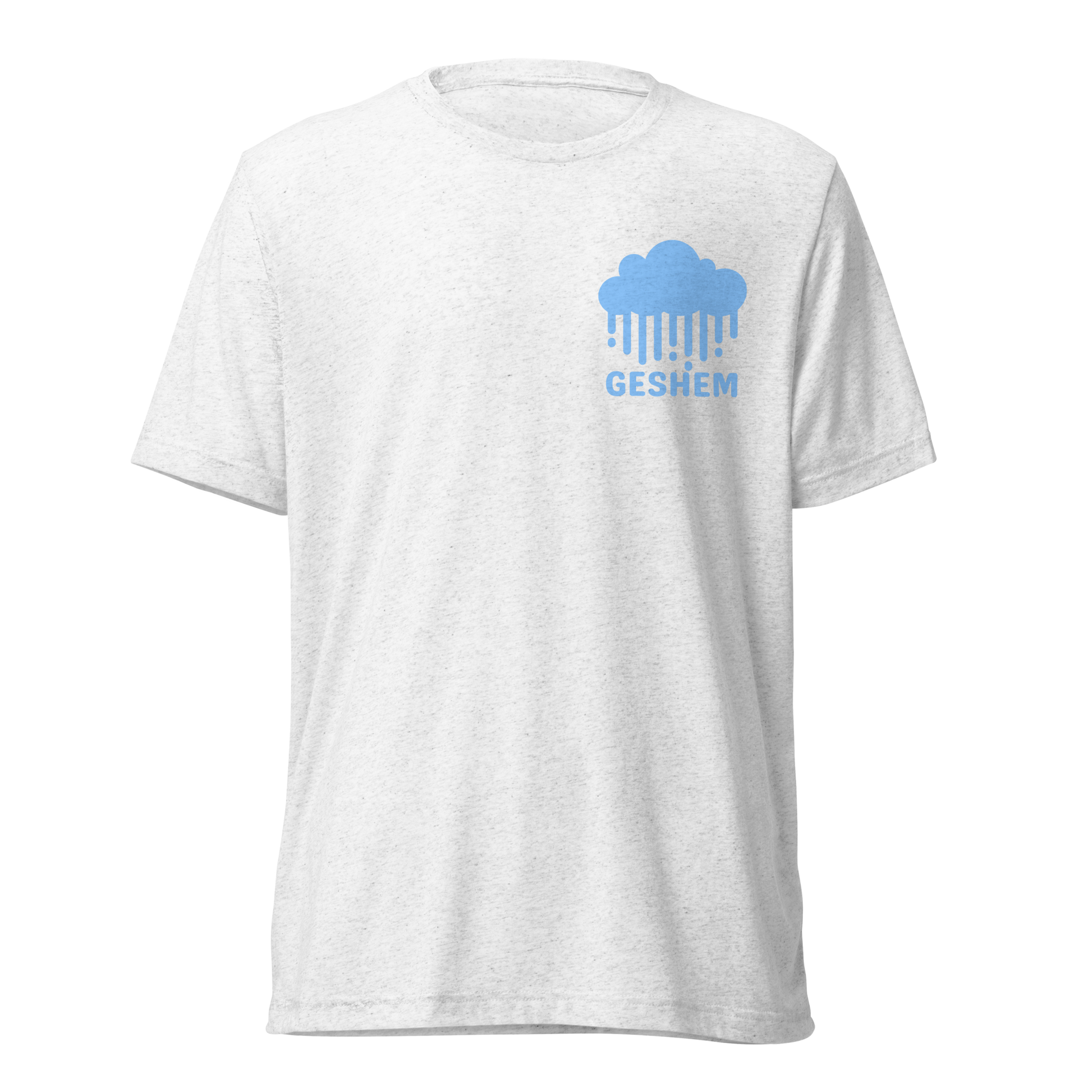 Terse Verse Christian Tee: Geshem
White t-shirt with baby blue design/print on left chest that reads "Geshem" and features a cloud and rain.
Men's Tee / Unisex
Mockup of front.