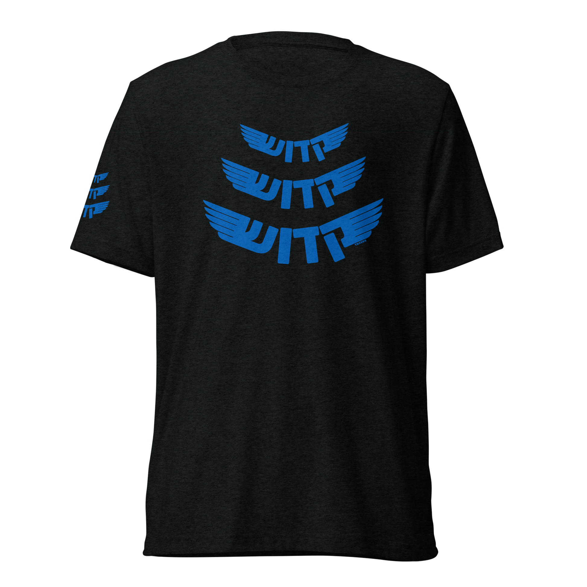 Terse Verse Christian Tee: Holy Holy Holy
Black t-shirt with royal blue design/print on chest that reads "Holy Holy Holy" in Hebrew.
Men's Tee / Unisex
Mockup of front.