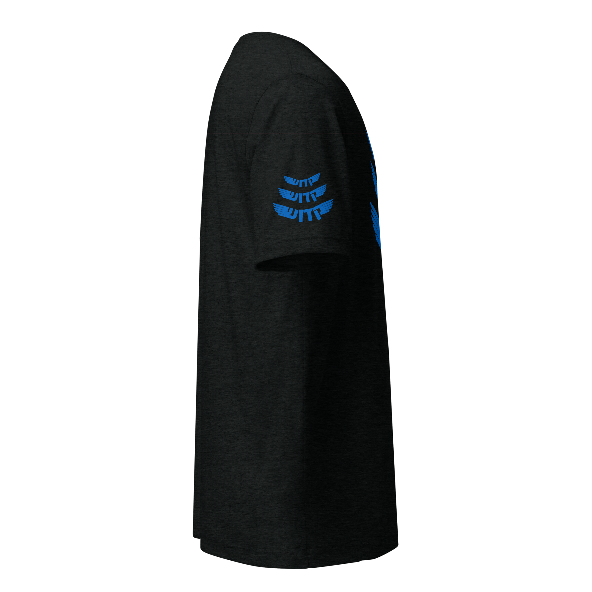 Terse Verse Christian Tee: Holy Holy Holy
Black t-shirt with royal blue design/print on right sleeve that reads "Holy Holy Holy" in Hebrew.
Men's Tee / Unisex
Mockup of right sleeve.