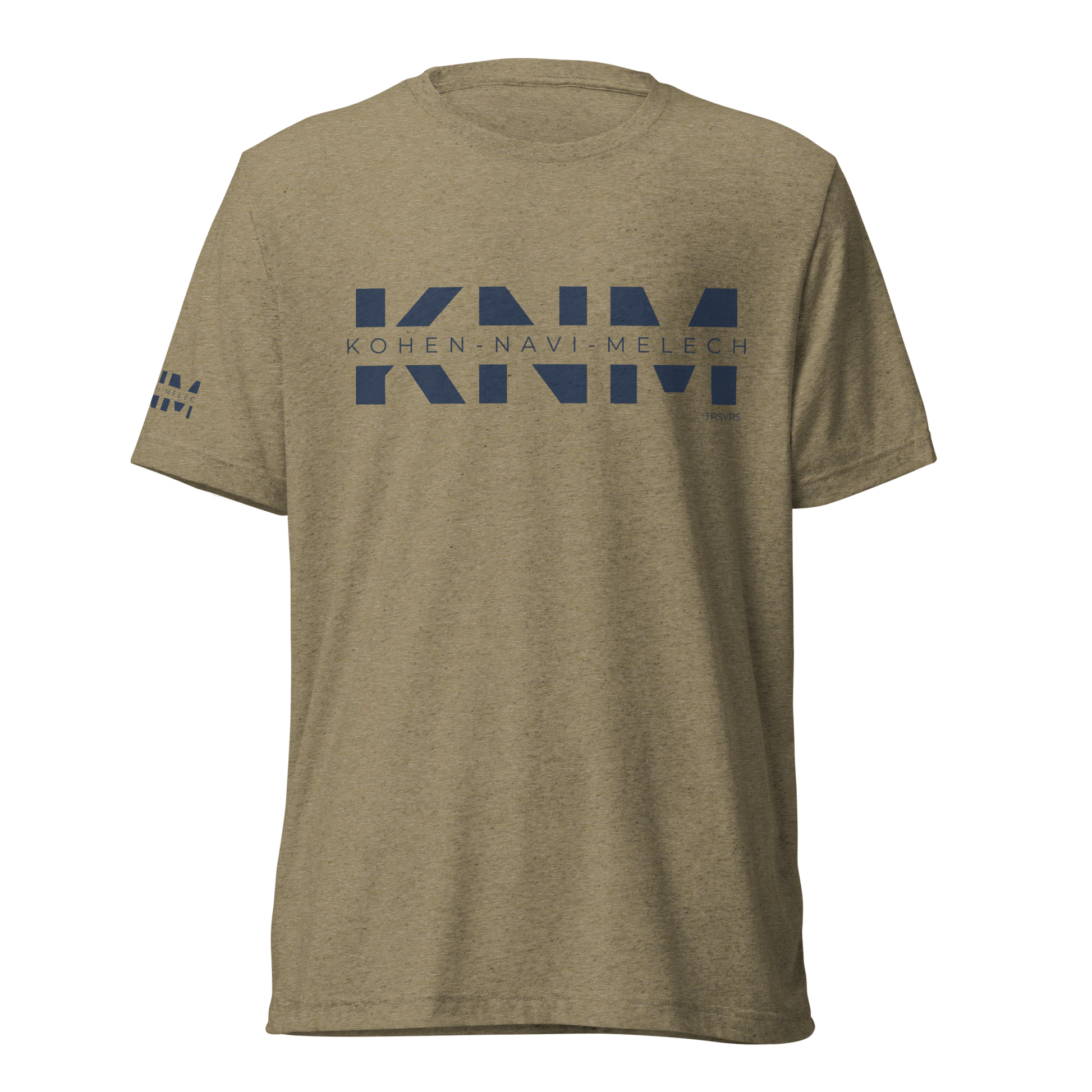 Terse Verse Christian Tee: Kohen Navi Melech
Olive t-shirt with dark navy design/print on chest that reads "Kohen Navi Melech".
Men's Tee / Unisex
Mockup of front.