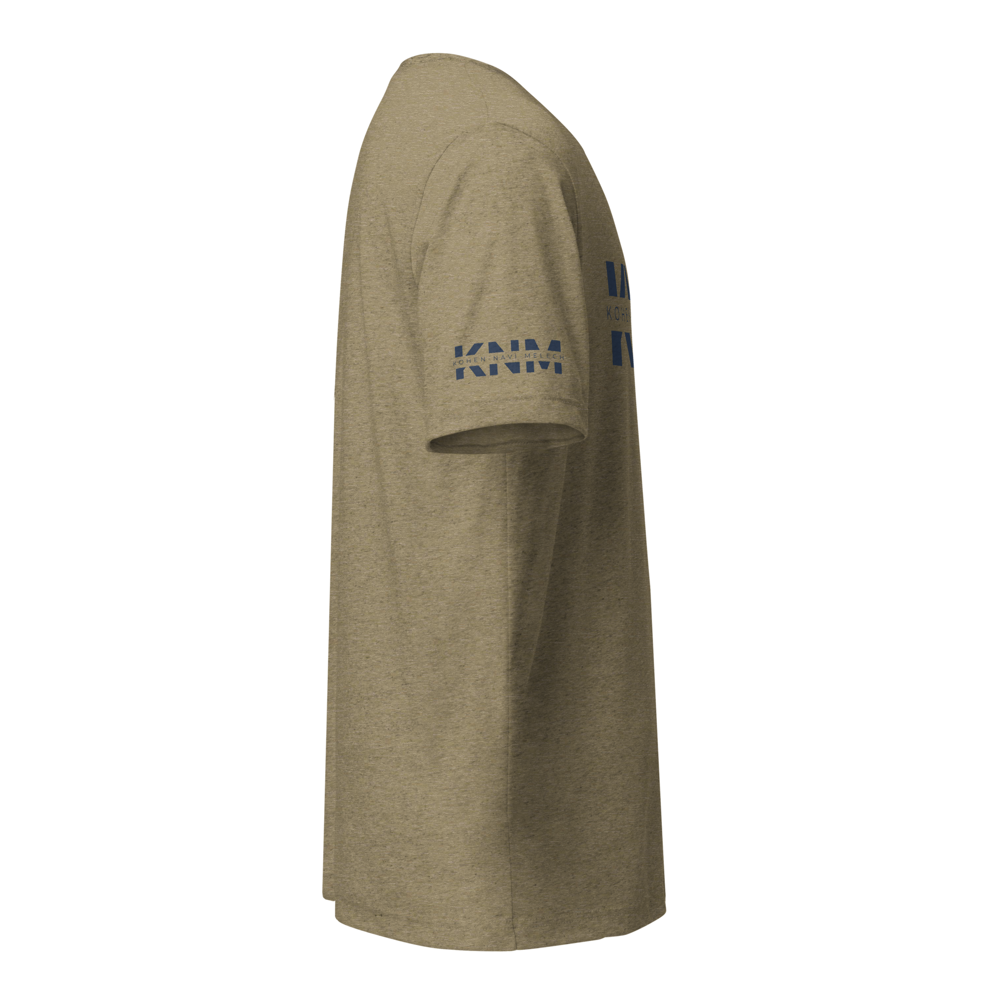 Terse Verse Christian Tee: Kohen Navi Melech
Olive t-shirt with dark navy design/print on right sleeve that reads "Kohen Navi Melech".
Men's Tee / Unisex
Mockup of right sleeve.