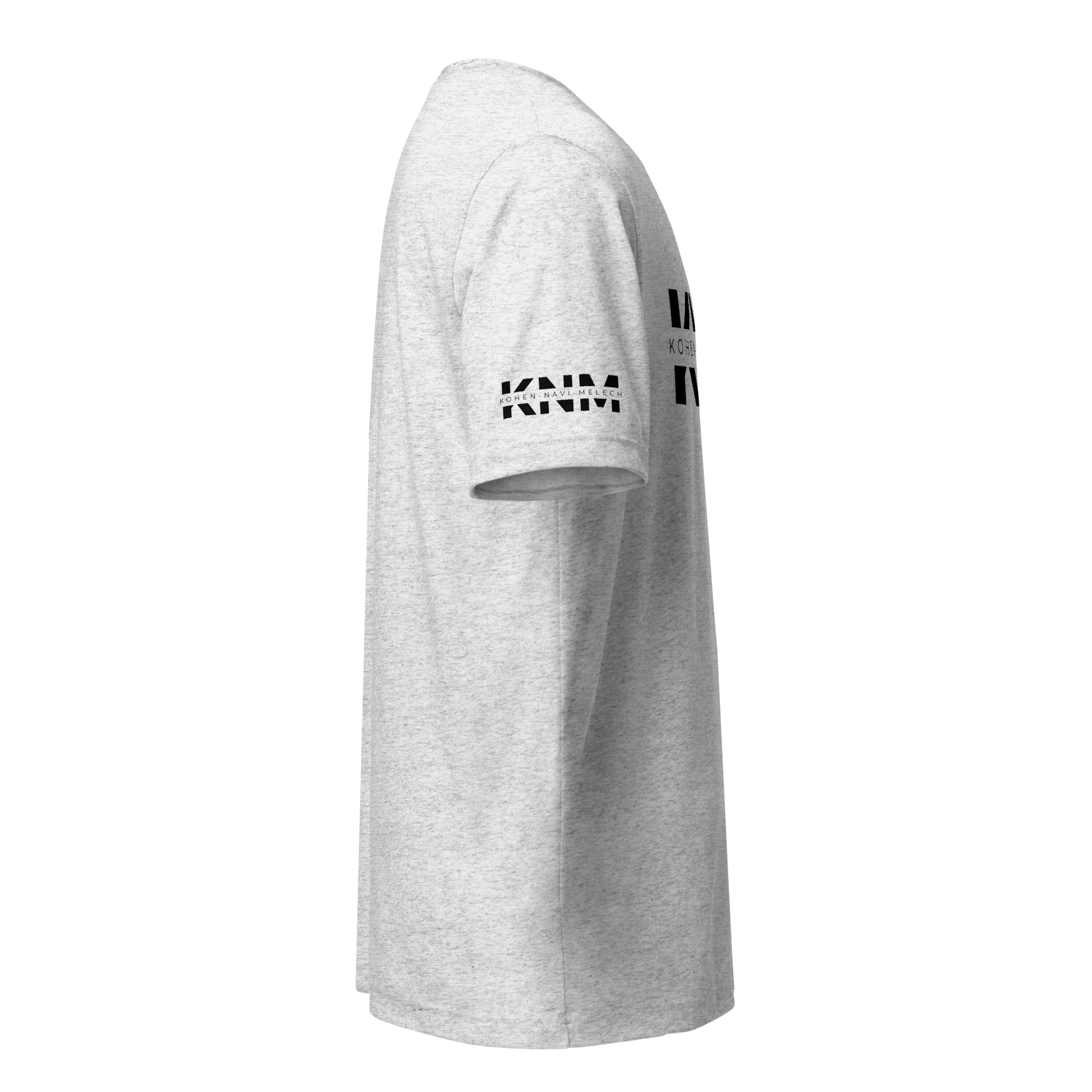 Terse Verse Christian Tee: Kohen Navi Melech
White t-shirt (with dark flecks) with black design/print on right sleeve that reads "Kohen Navi Melech".
Men's Tee / Unisex
Mockup of right sleeve.