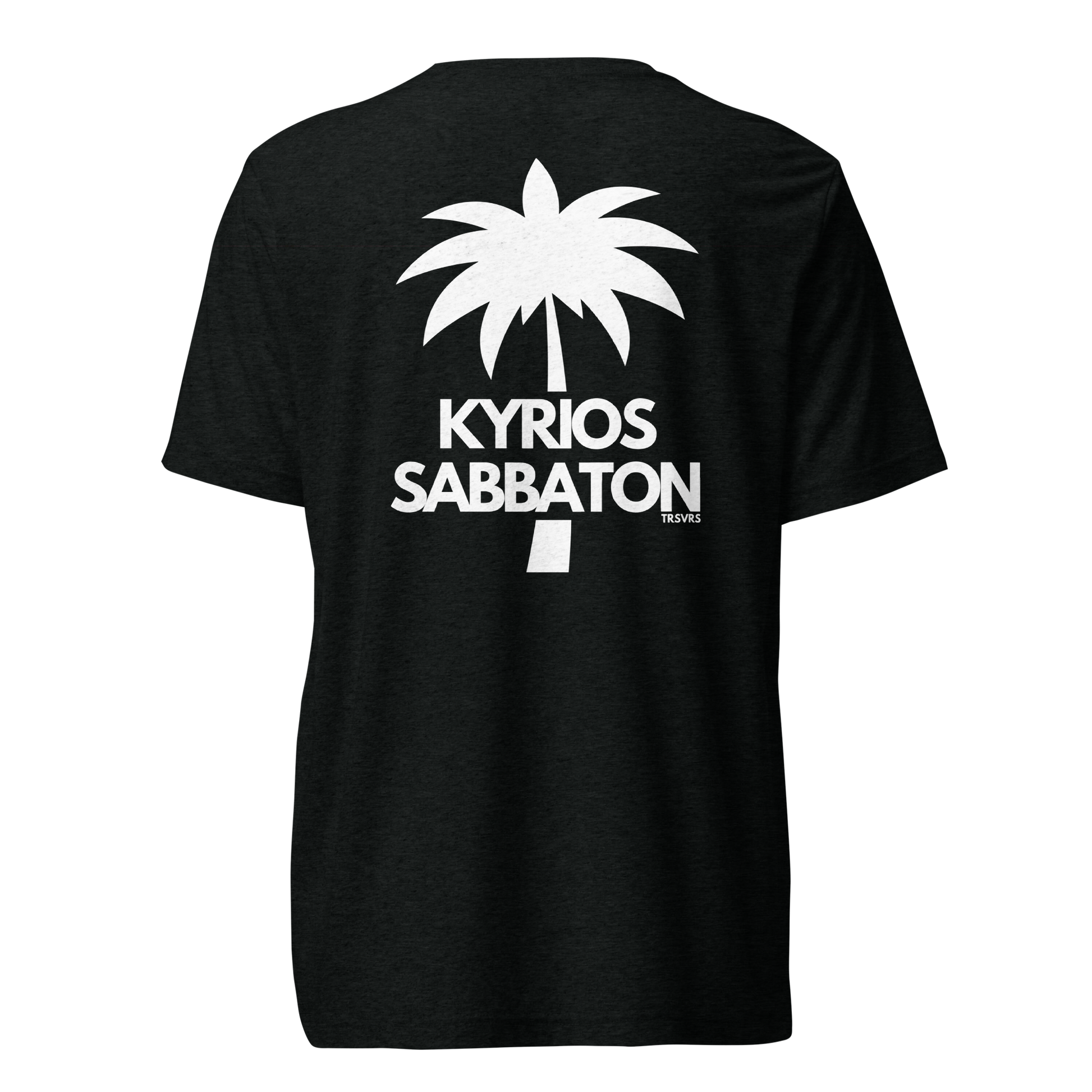Terse Verse Christian Tee: Kyrios Sabbaton
Black t-shirt with white design/print on back that reads "Kyrios Sabbaton" and features a palm tree.
Men's Tee / Unisex
Mockup of back.