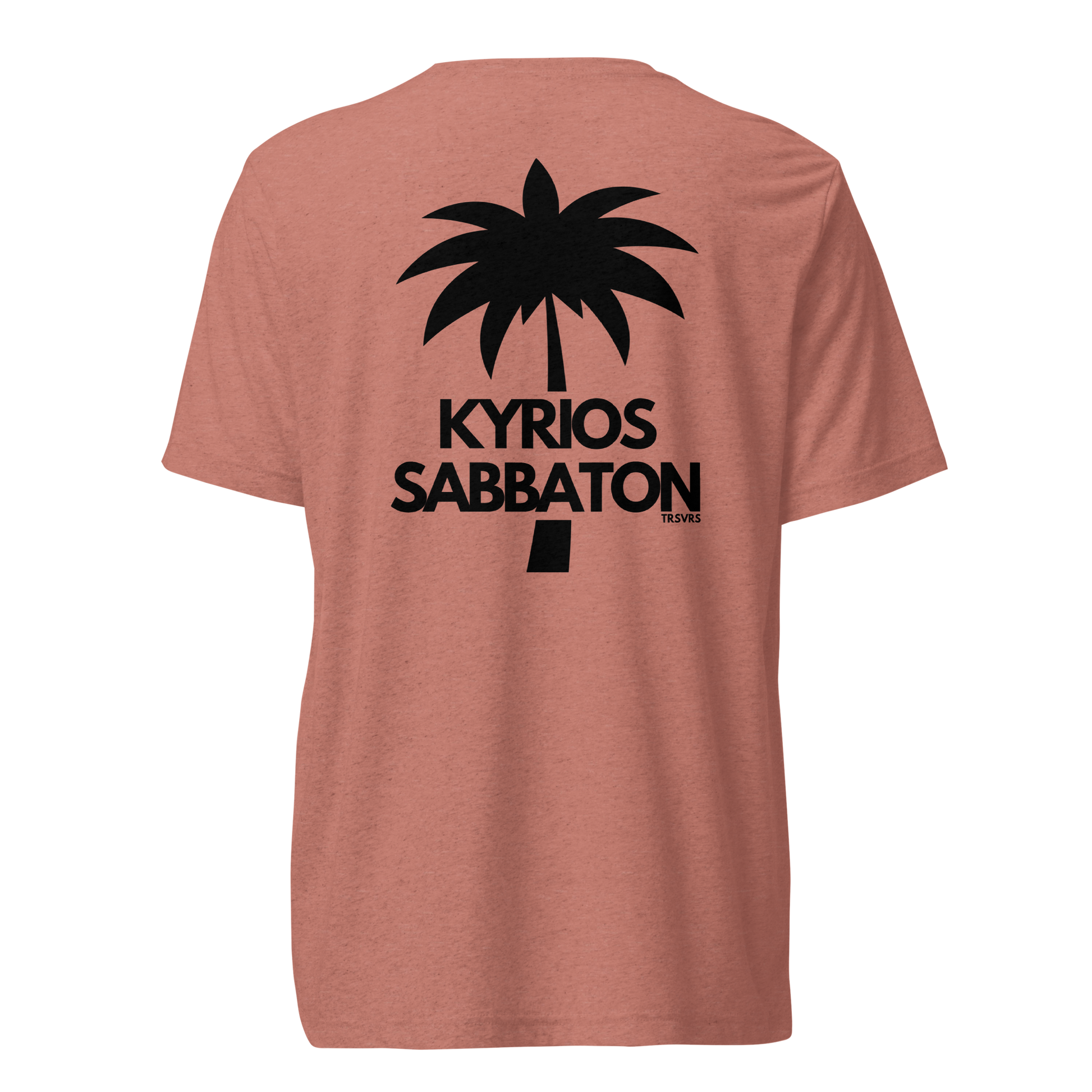 Terse Verse Christian Tee: Kyrios Sabbaton
Mauve t-shirt with black design/print on back that reads "Kyrios Sabbaton" and features a palm tree.
Men's Tee / Unisex
Mockup of back.