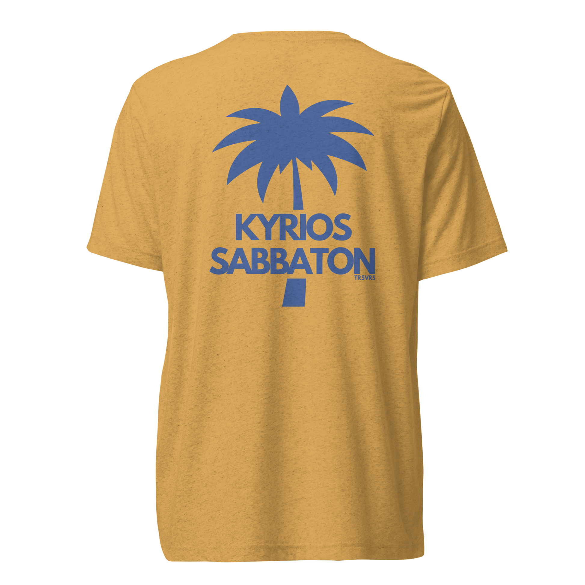Terse Verse Christian Tee: Kyrios Sabbaton
Mustard t-shirt with blue design/print on back that reads "Kyrios Sabbaton" and features a palm tree.
Men's Tee / Unisex
Mockup of back.