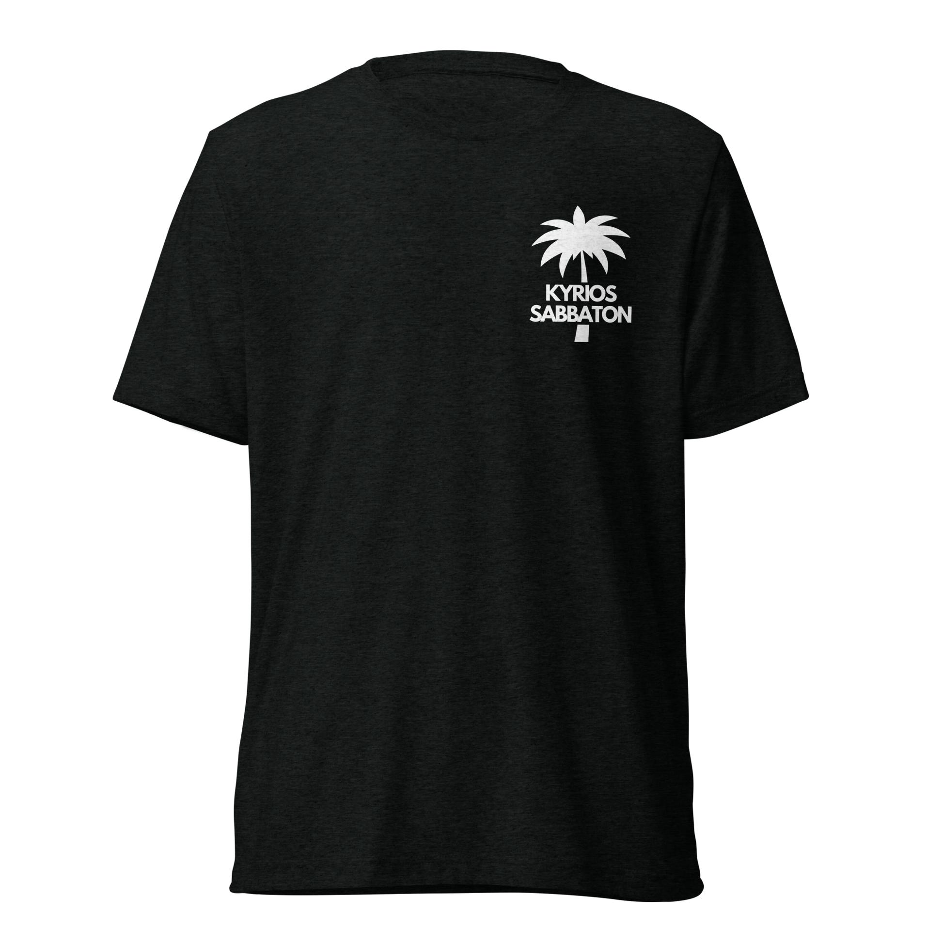 Terse Verse Christian Tee: Kyrios Sabbaton
Black t-shirt with white design/print on left chest that reads "Kyrios Sabbaton" and features a palm tree.
Men's Tee / Unisex
Mockup of front.
