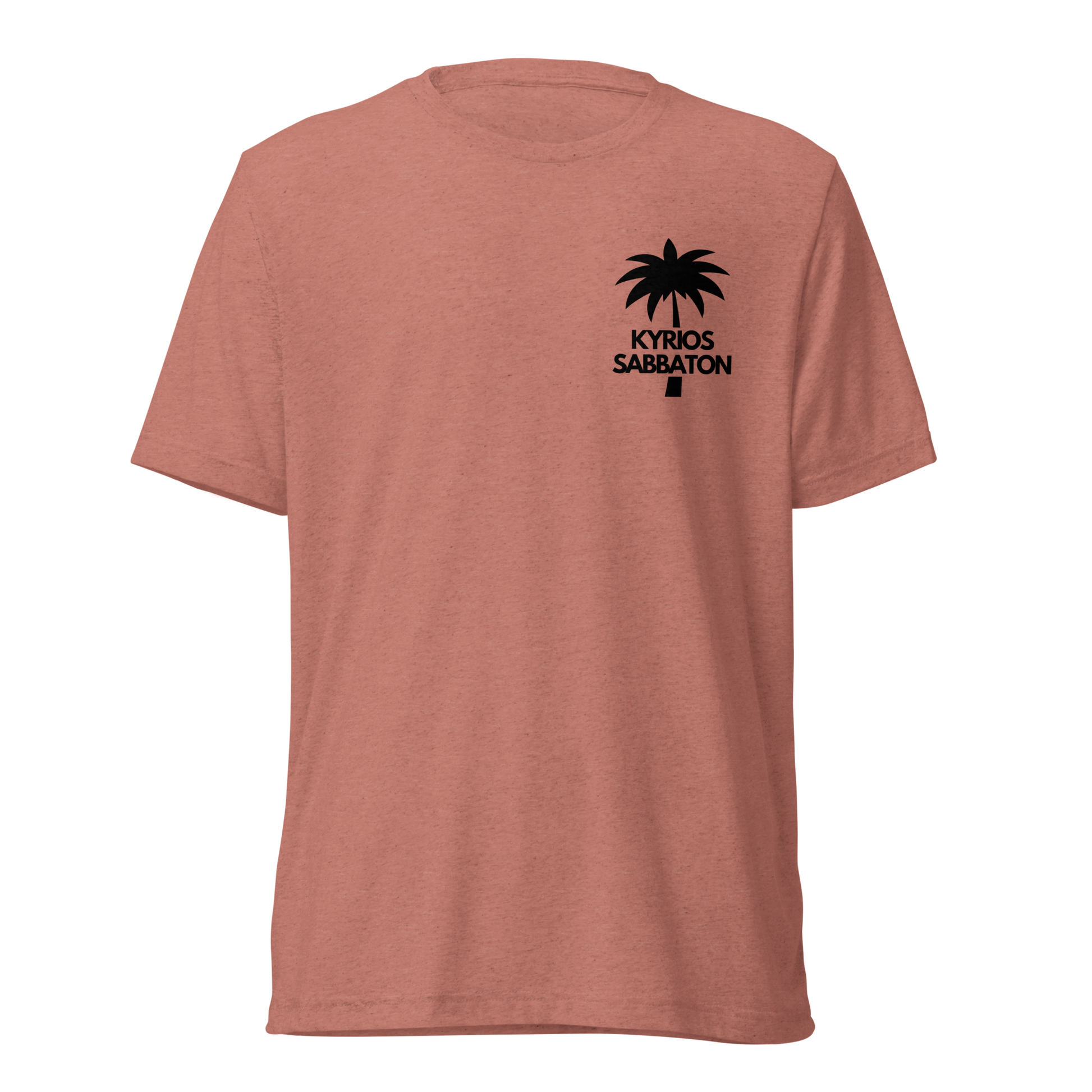 Terse Verse Christian Tee: Kyrios Sabbaton
Mauve t-shirt with black design/print on left chest that reads "Kyrios Sabbaton" and features a palm tree.
Men's Tee / Unisex
Mockup of front.