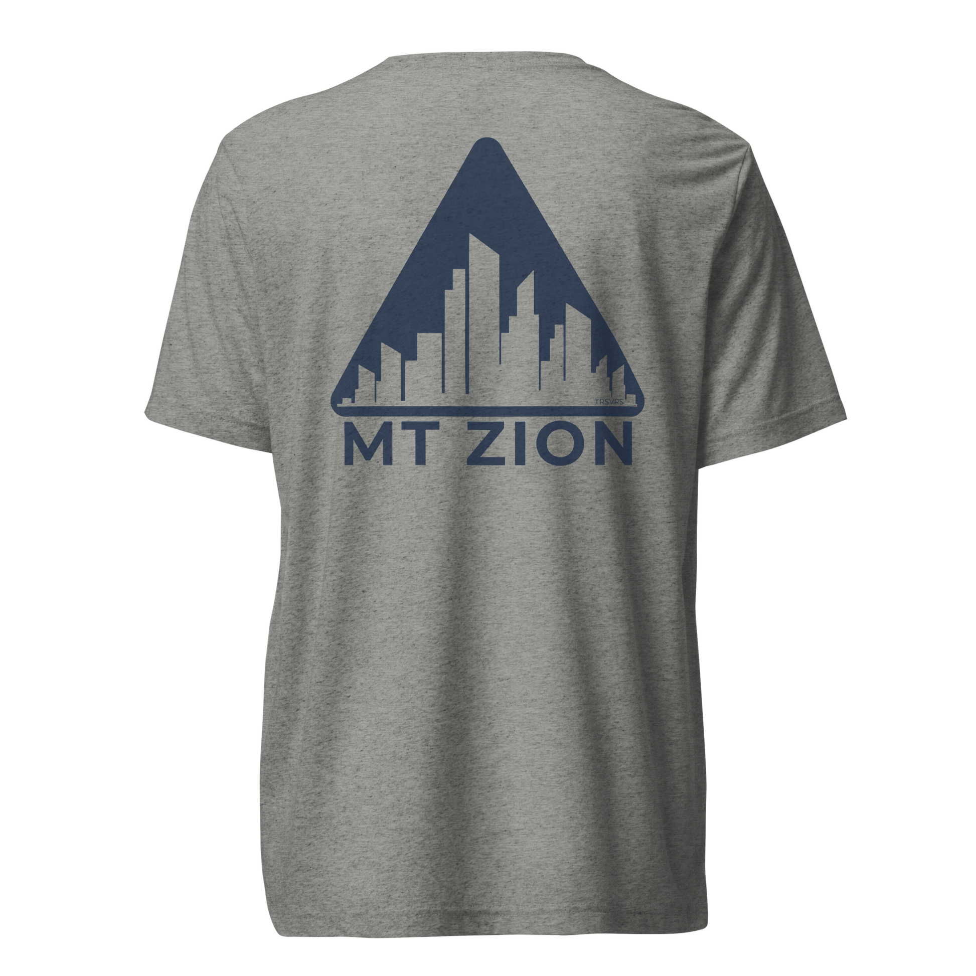 Terse Verse Christian Tee: Mt Zion
Athletic grey t-shirt with navy blue design/print on back that reads "Mt Zion" and features a cityscape set against a triangular mountain.
Men's Tee / Unisex
Mockup of back.