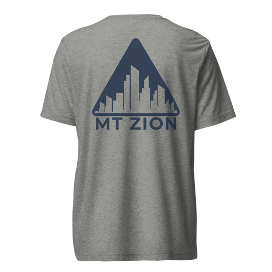 Terse Verse Christian Tee: Mt Zion
Athletic grey t-shirt with navy blue design/print on back that reads "Mt Zion" and features a cityscape set against a triangular mountain.
Men's Tee / Unisex
Mockup of back.