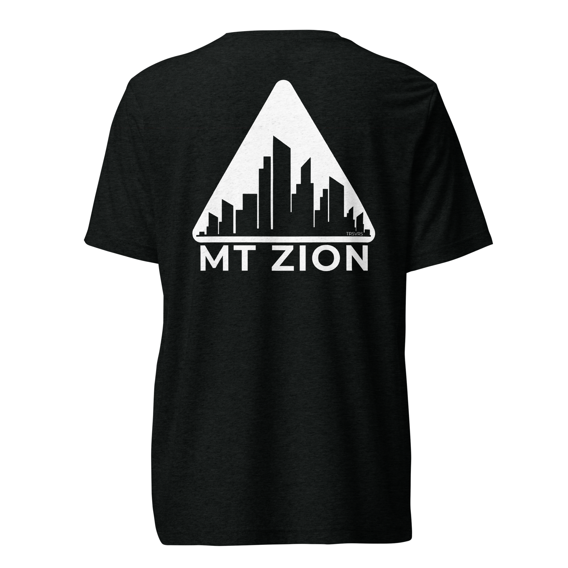 Terse Verse Christian Tee: Mt Zion
Black t-shirt with white design/print on back that reads "Mt Zion" and features a cityscape set against a triangular mountain.
Men's Tee / Unisex
Mockup of back.