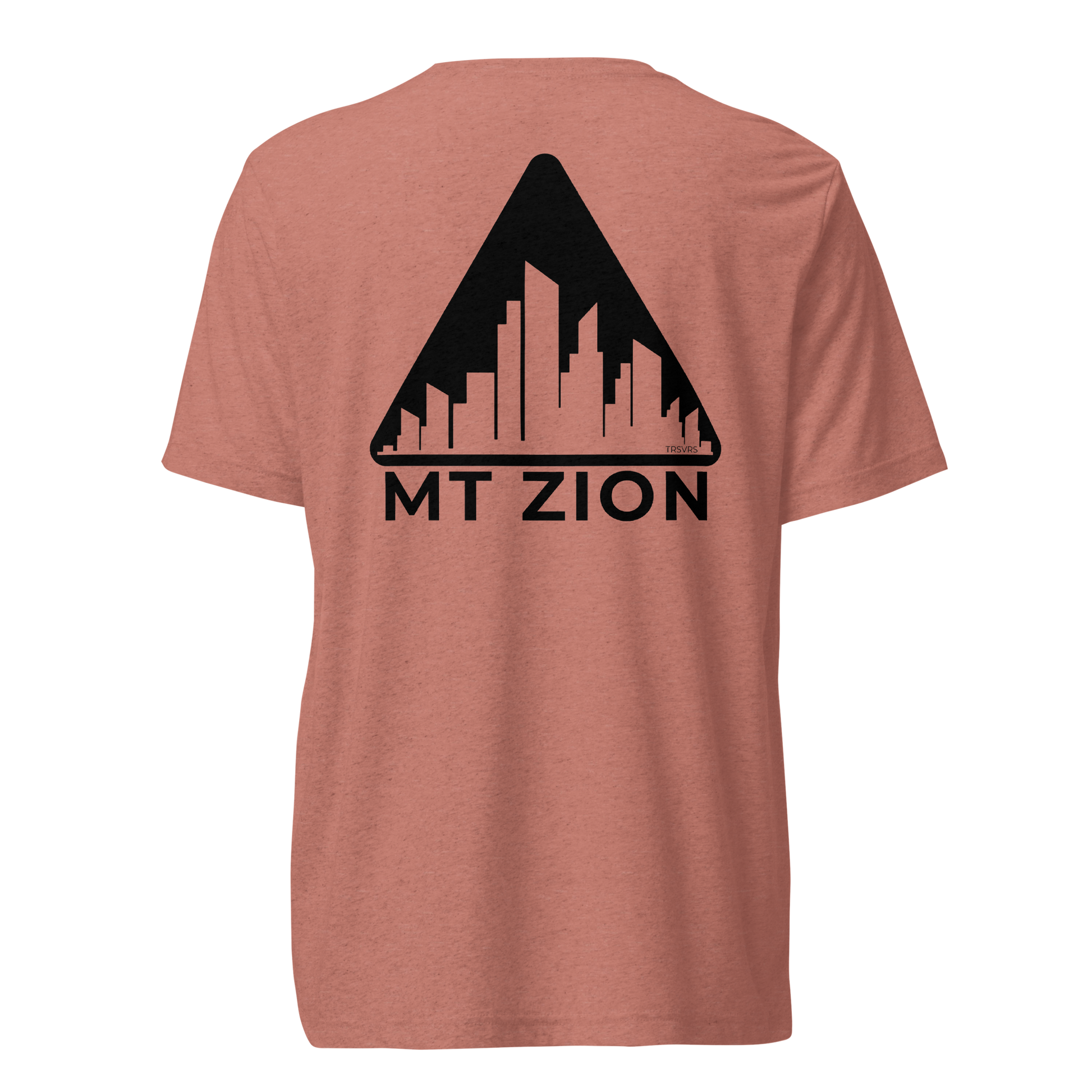 Terse Verse Christian Tee: Mt Zion
Mauve t-shirt with black design/print on back that reads "Mt Zion" and features a cityscape set against a triangular mountain.
Men's Tee / Unisex
Mockup of back.