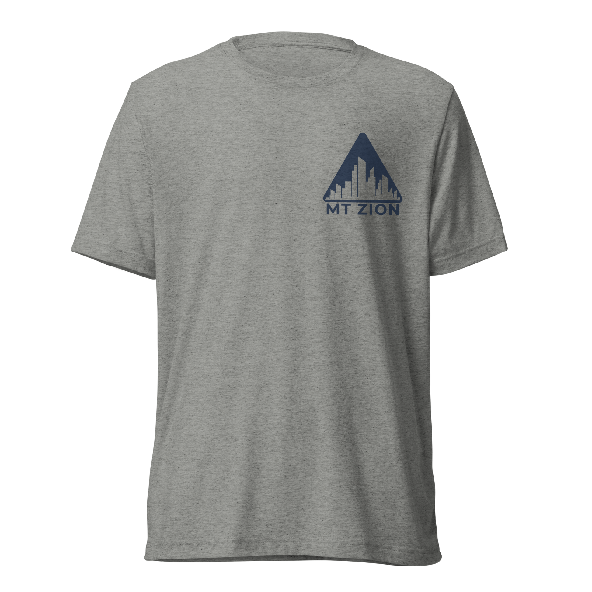 Terse Verse Christian Tee: Mt Zion
Athletic grey t-shirt with navy blue design/print on left chest that reads "Mt Zion" and features a cityscape set against a triangular mountain.
Men's Tee / Unisex
Mockup of front.