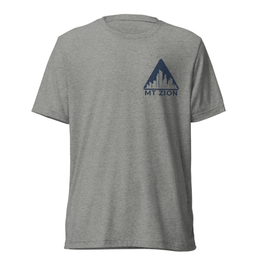 Terse Verse Christian Tee: Mt Zion
Athletic grey t-shirt with navy blue design/print on left chest that reads "Mt Zion" and features a cityscape set against a triangular mountain.
Men's Tee / Unisex
Mockup of front.