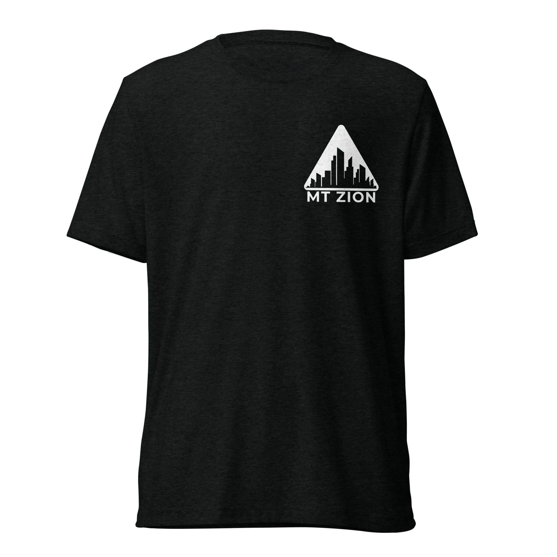 Terse Verse Christian Tee: Mt Zion
Black t-shirt with white design/print on left chest that reads "Mt Zion" and features a cityscape set against a triangular mountain.
Men's Tee / Unisex
Mockup of front.