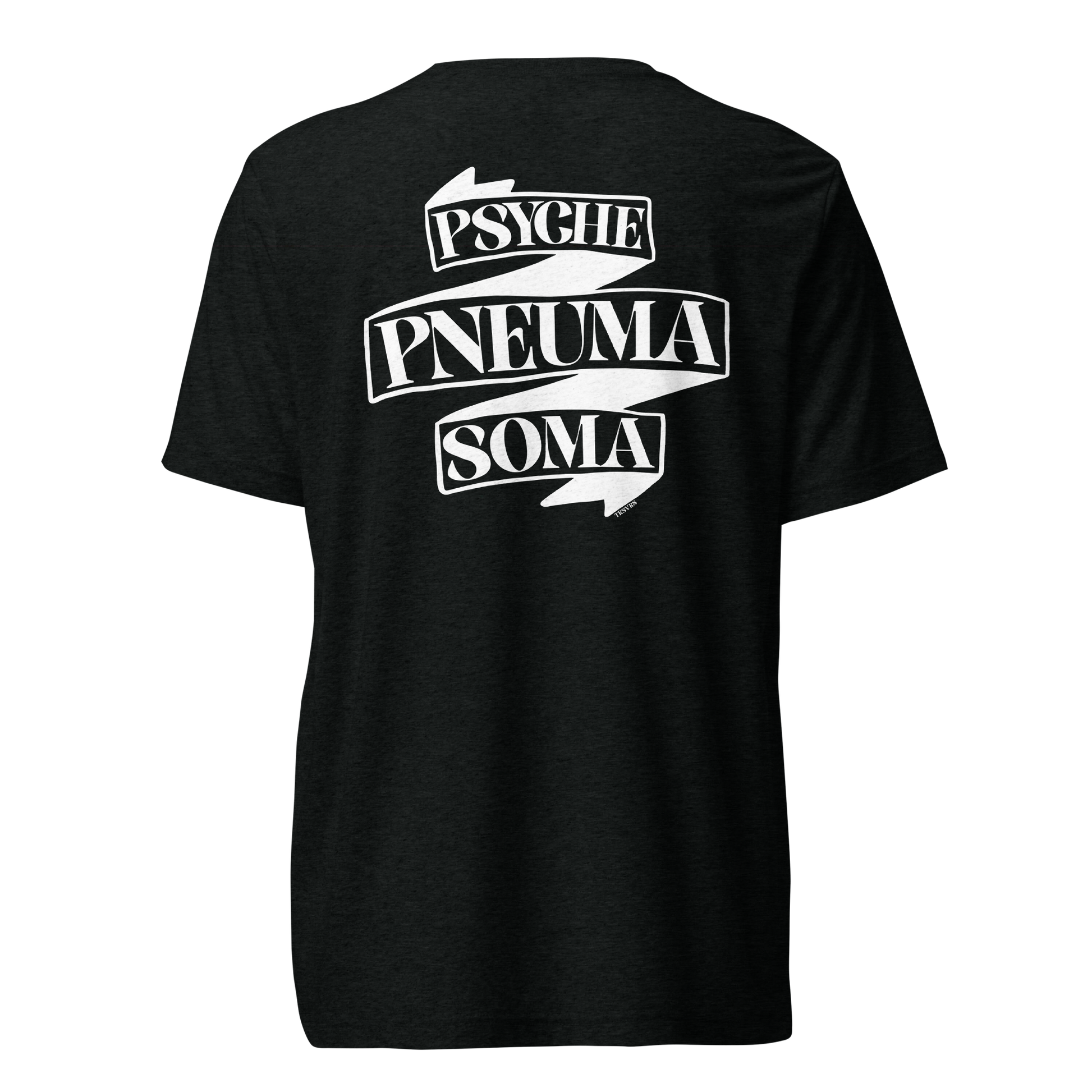 Terse Verse Christian Tee: Pneuma Psyche Soma
Black t-shirt with white design/print on back that reads "Pneuma Psyche Soma" on a banner.
Men's Tee / Unisex
Mockup of back.