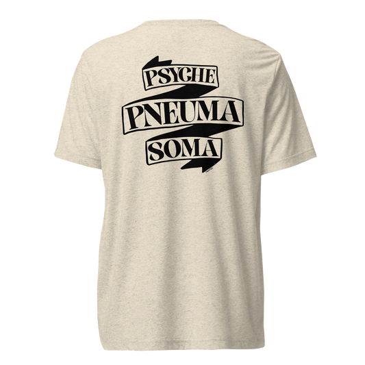 Terse Verse Christian Tee: Pneuma Psyche Soma
Oatmeal t-shirt with black design/print on back that reads "Pneuma Psyche Soma" on a banner.
Men's Tee / Unisex
Mockup of back.
