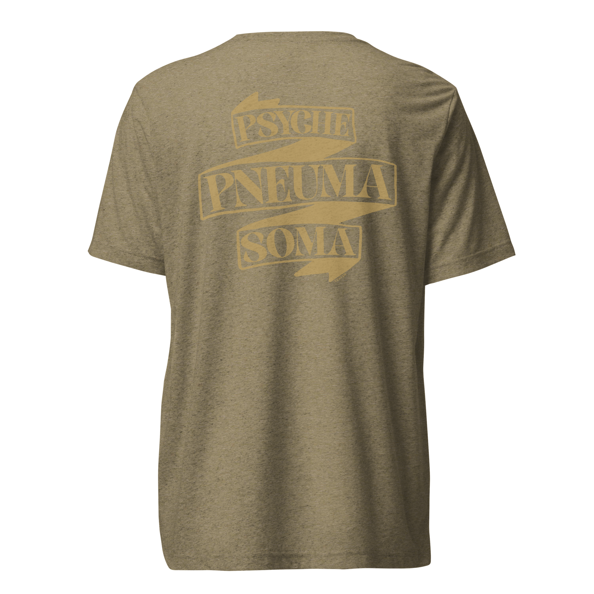 Terse Verse Christian Tee: Pneuma Psyche Soma
Olive t-shirt with matte gold design/print on back that reads "Pneuma Psyche Soma" on a banner.
Men's Tee / Unisex
Mockup of back.