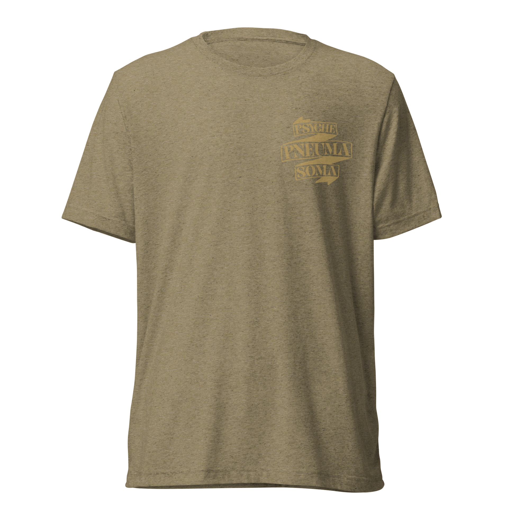 Terse Verse Christian Tee: Pneuma Psyche Soma
Olive t-shirt with matte gold design/print on left chest that reads "Pneuma Psyche Soma" on a banner.
Men's Tee / Unisex
Mockup of front.