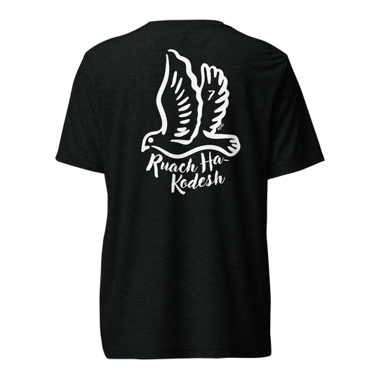 Terse Verse Christian Tee: Ruach Ha-Kodesh
Black t-shirt with white design/print on back that reads "Ruach Ha-Kodesh" and features a dove.
Men's Tee / Unisex
Mockup of back.