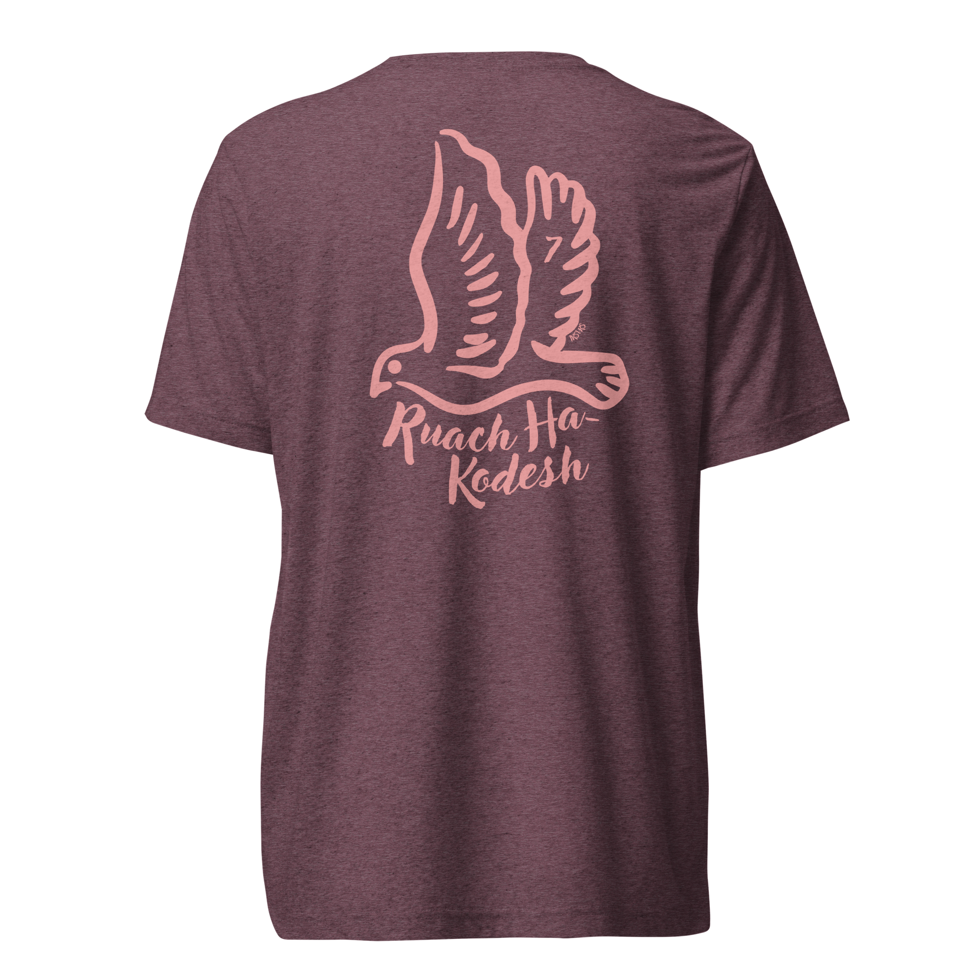 Terse Verse Christian Tee: Ruach Ha-Kodesh
Maroon t-shirt with pink design/print on back that reads "Ruach Ha-Kodesh" and features a dove.
Men's Tee / Unisex
Mockup of back.