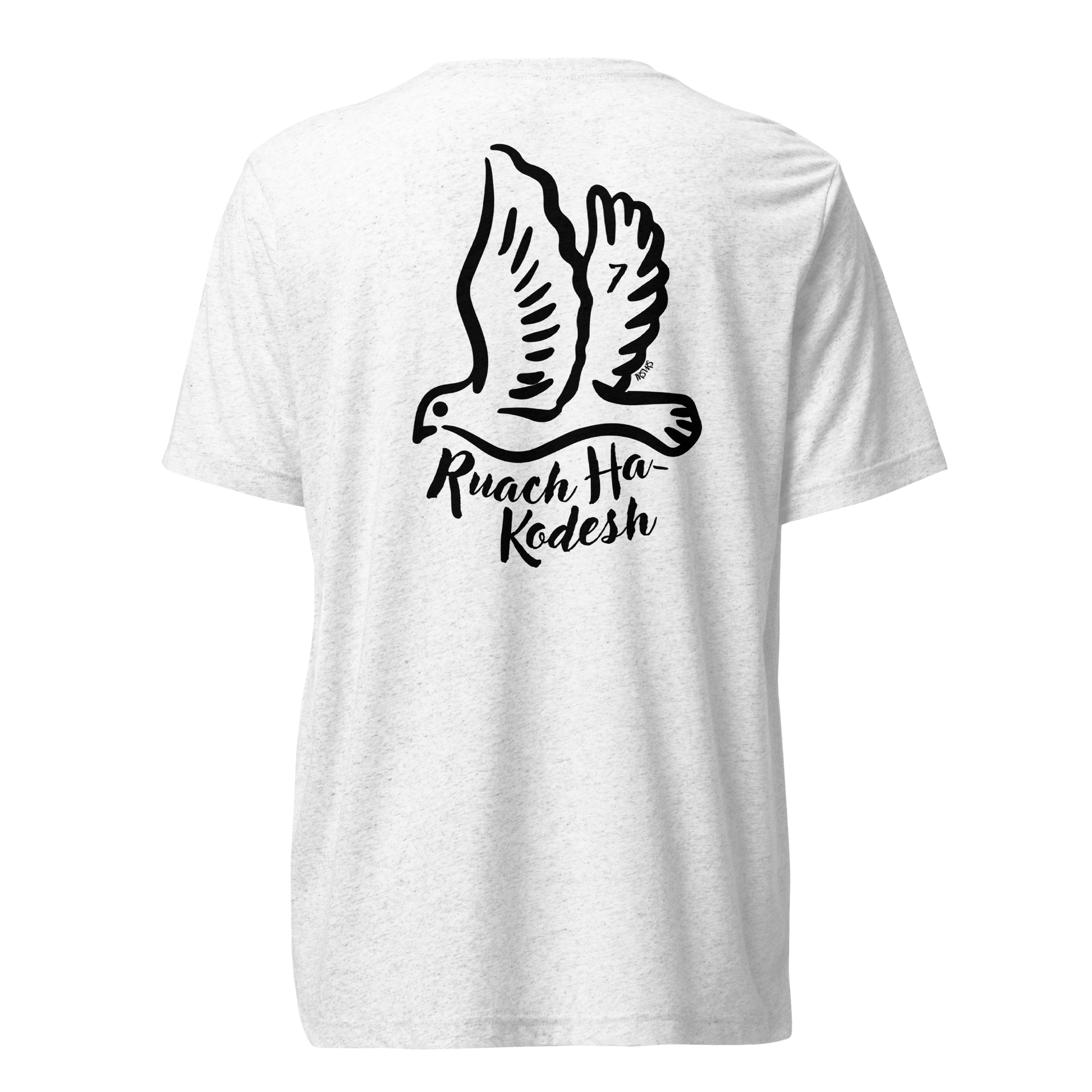 Terse Verse Christian Tee: Ruach Ha-Kodesh
White t-shirt with black design/print on back that reads "Ruach Ha-Kodesh" and features a dove.
Men's Tee / Unisex
Mockup of back.