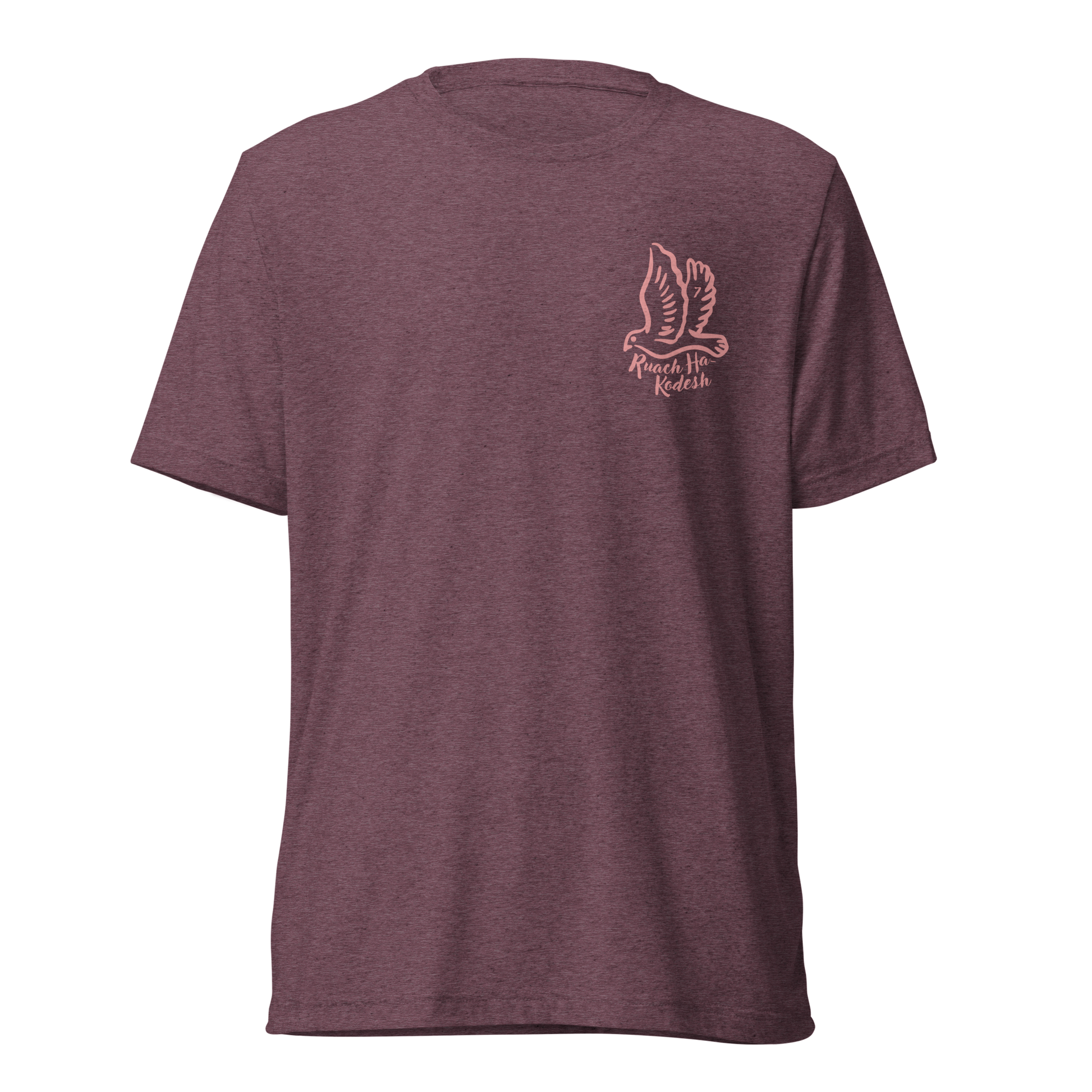 Terse Verse Christian Tee: Ruach Ha-Kodesh
Maroon t-shirt with pink design/print on the left chest that reads "Ruach Ha-Kodesh" and features a dove.
Men's Tee / Unisex
Mockup of front.