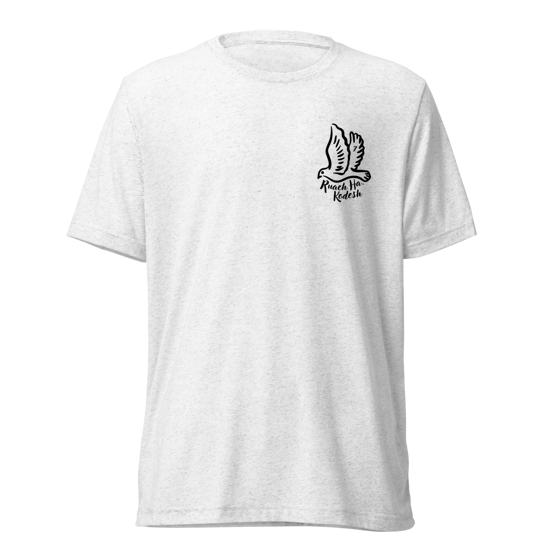 Terse Verse Christian Tee: Ruach Ha-Kodesh
White t-shirt with black design/print on the left chest that reads "Ruach Ha-Kodesh" and features a dove.
Men's Tee / Unisex
Mockup of front.