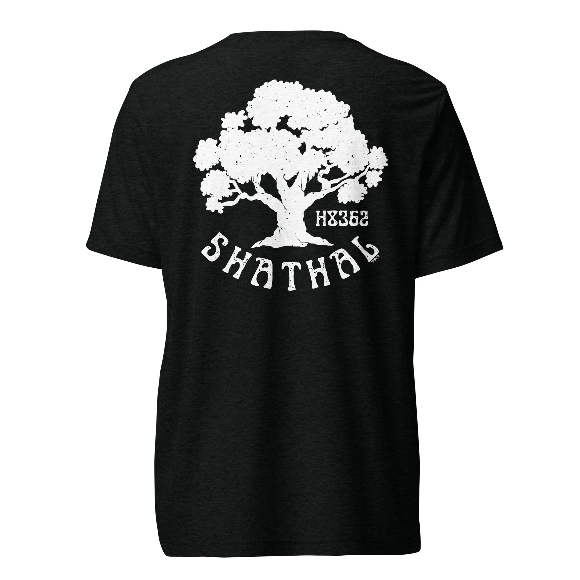 Terse Verse Christian Tee: Shathal
Black t-shirt with white design/print on back that reads "Shathal" and features a tree and the Strong's Concordance Hebrew number H8362. 
Men's Tee / Unisex
Mockup of back.