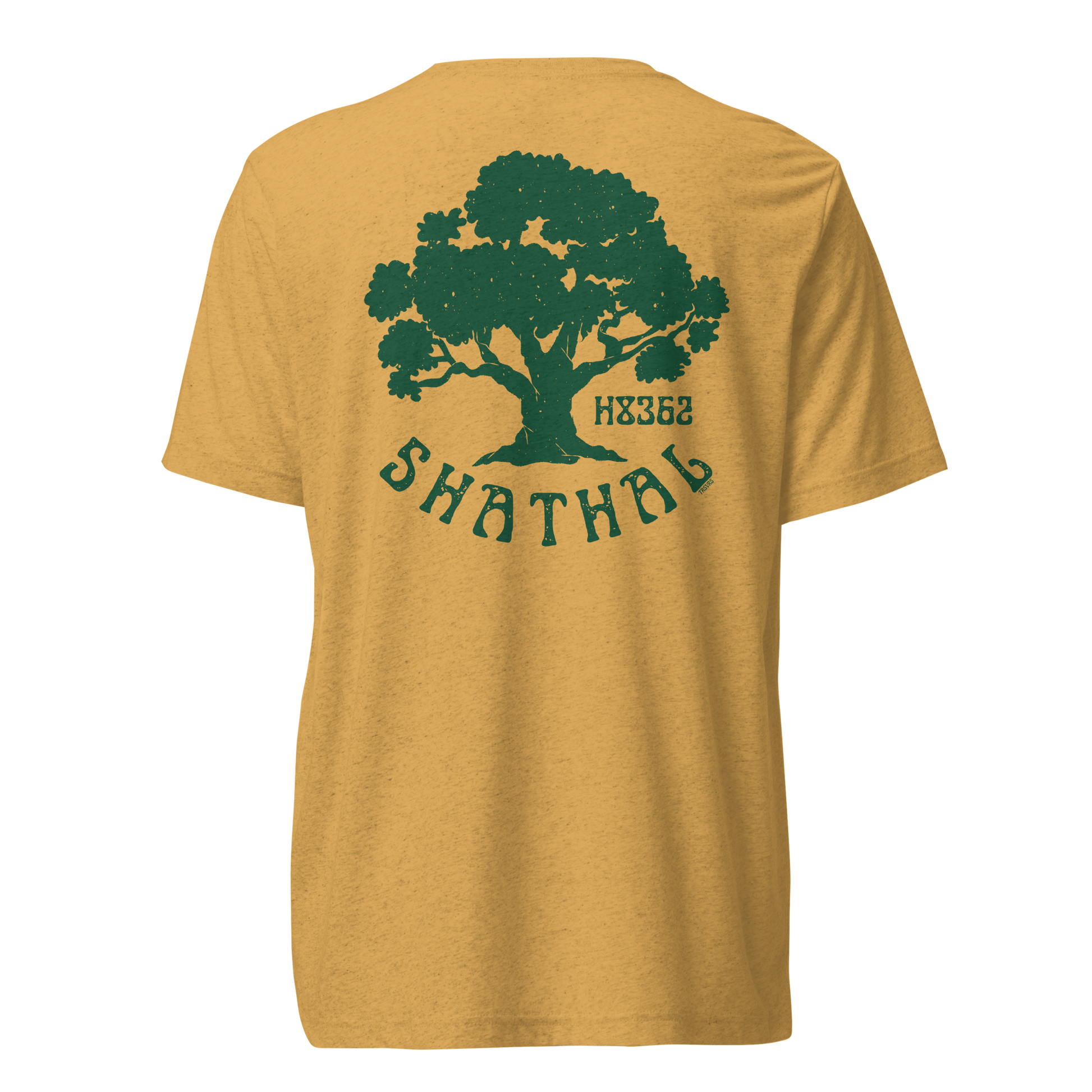 Terse Verse Christian Tee: Shathal
Mustard t-shirt with green design/print on back that reads "Shathal" and features a tree and the Strong's Concordance Hebrew number H8362. 
Men's Tee / Unisex
Mockup of back.