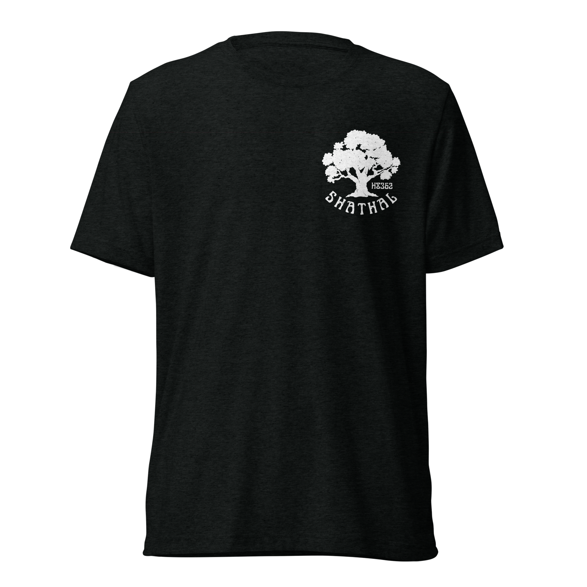 Terse Verse Christian Tee: Shathal
Black t-shirt with white design/print on the left chest that reads "Shathal" and features a tree and the Strong's Concordance Hebrew number H8362. 
Men's Tee / Unisex
Mockup of front.