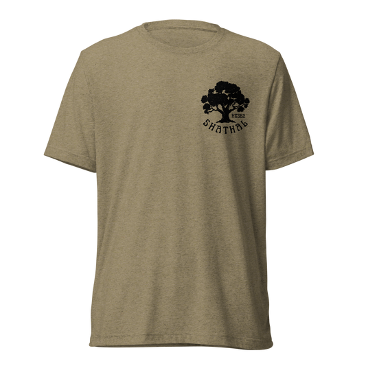 Terse Verse Christian Tee: Shathal
Olive t-shirt with black design/print on the left chest that reads "Shathal" and features a tree and the Strong's Concordance Hebrew number H8362. 
Men's Tee / Unisex
Mockup of back.