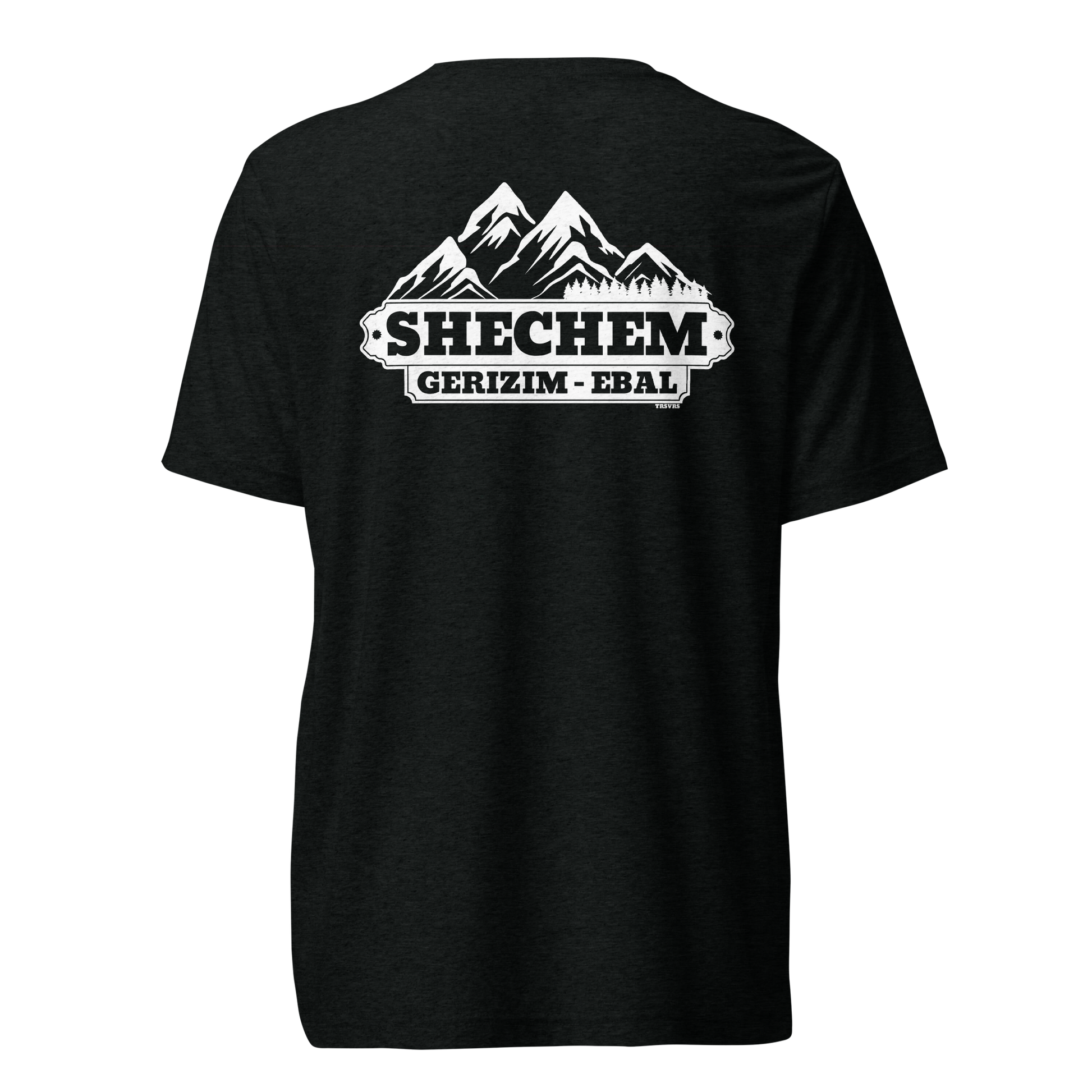 Terse Verse Christian Tee: Shechem
Black t-shirt with white design/print on back that reads "Shechem Gerizim-Ebal" and features mountains.
Men's Tee / Unisex
Mockup of back.