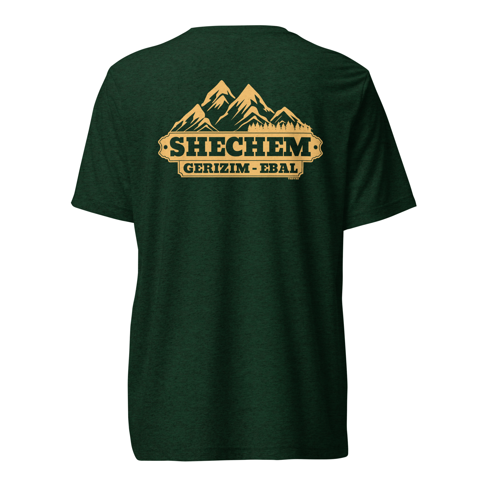 Terse Verse Christian Tee: Shechem
Emerald green t-shirt with yellow design/print on back that reads "Shechem Gerizim-Ebal" and features mountains.
Men's Tee / Unisex
Mockup of back.