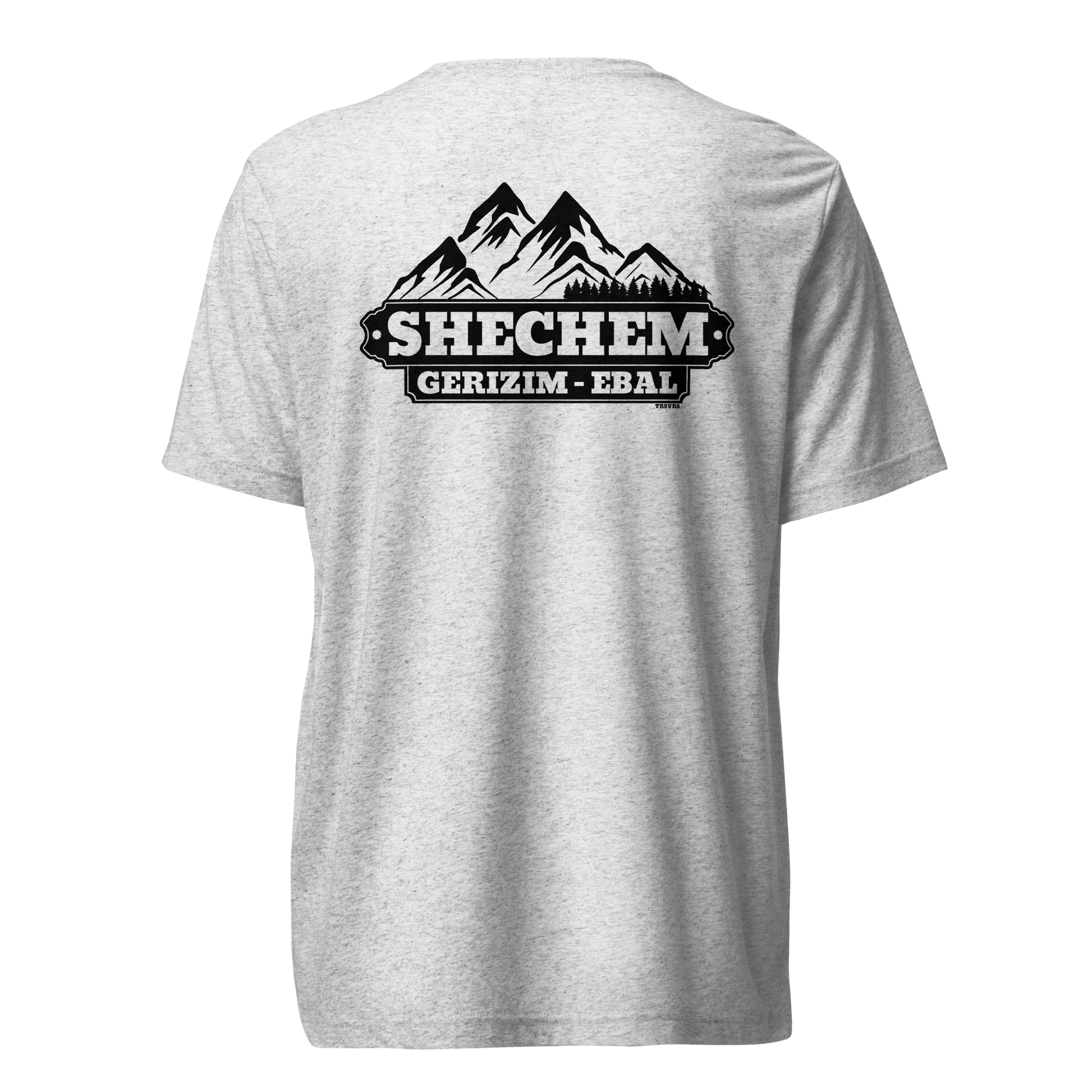 Terse Verse Christian Tee: Shechem
White t-shirt (with dark flecks) and a black design/print on back that reads "Shechem Gerizim-Ebal" and features mountains.
Men's Tee / Unisex
Mockup of back.