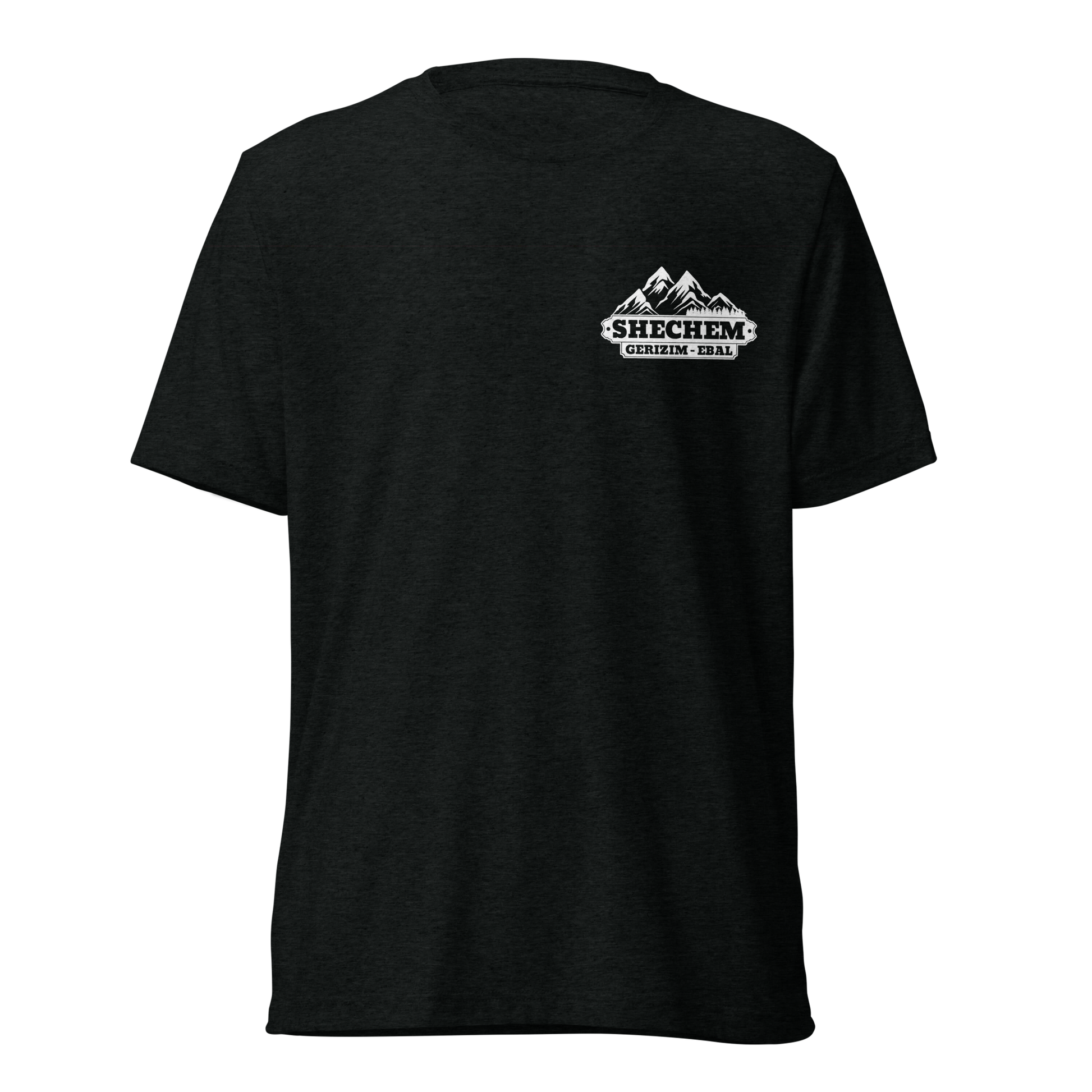 Terse Verse Christian Tee: Shechem
Black t-shirt with white design/print on left chest that reads "Shechem Gerizim-Ebal" and features mountains.
Men's Tee / Unisex
Mockup of front.